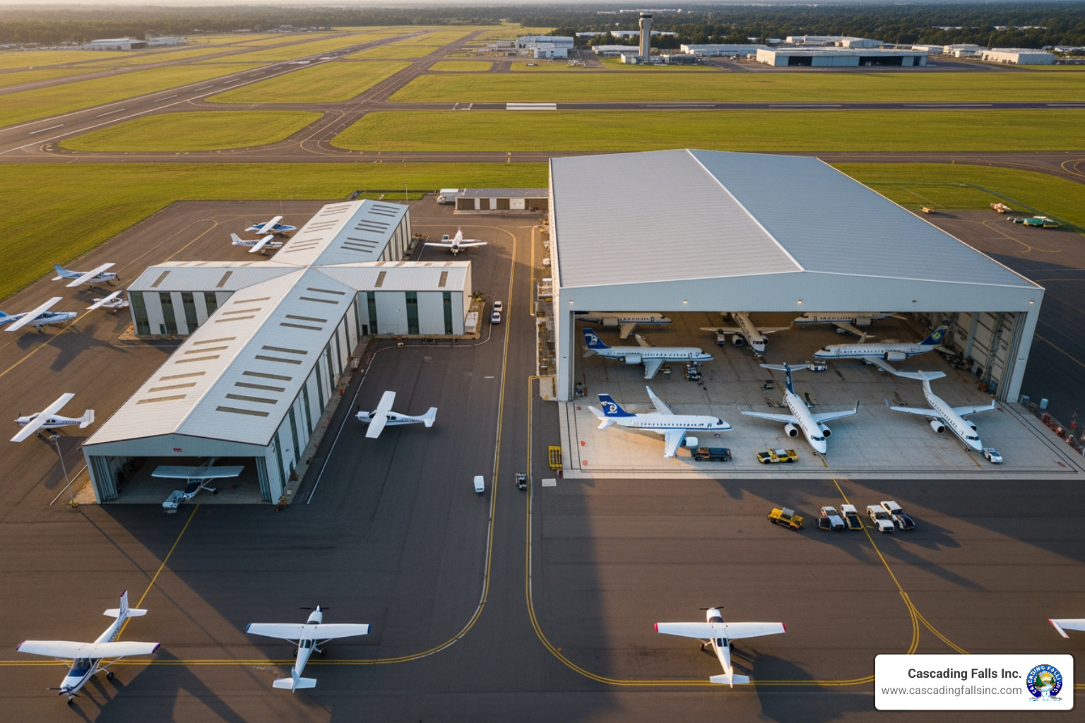 T-hangar layout contrasted with a large box hangar - Aircraft hangar construction