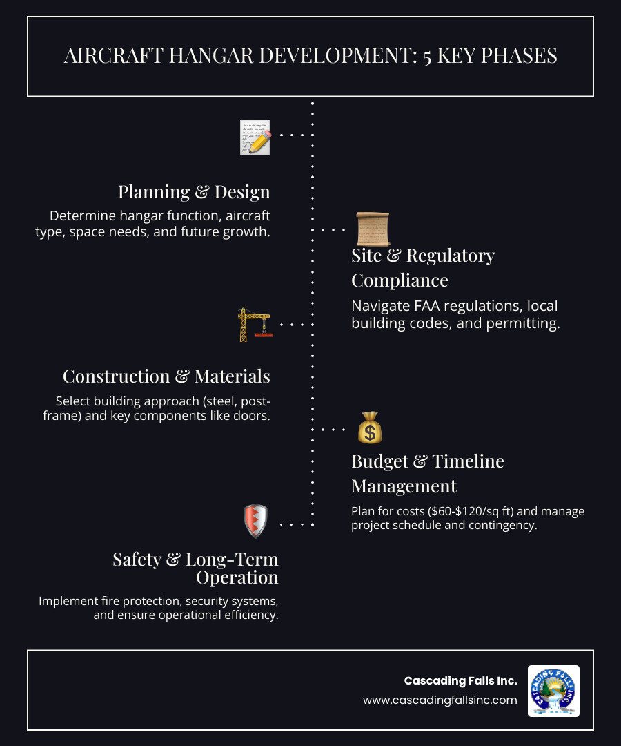 Infographic showing the four key phases of aircraft hangar development: Phase 1 Planning and Design showing blueprint icons and aircraft sizing considerations, Phase 2 Construction Approaches displaying steel frame and door options, Phase 3 Financial Planning with cost breakdown percentages for materials 30-40 percent labor 20-30 percent engineering 10-15 percent utilities 10-20 percent and permits 5-10 percent, Phase 4 Regulations and Safety featuring fire suppression systems FAA compliance symbols and security measures, with arrows connecting each phase in sequence - Aircraft hangar construction infographic infographic-line-5-steps-dark