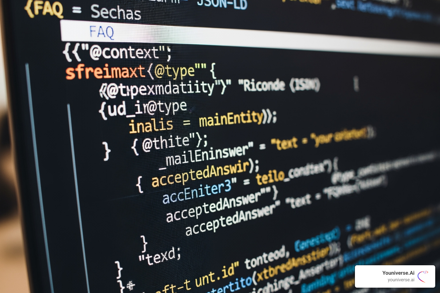 Website code showing schema markup for an FAQ section, highlighted with descriptive text: "Schema markup helps AI understand content structure and types, making it easier to extract answers." - AI content optimization