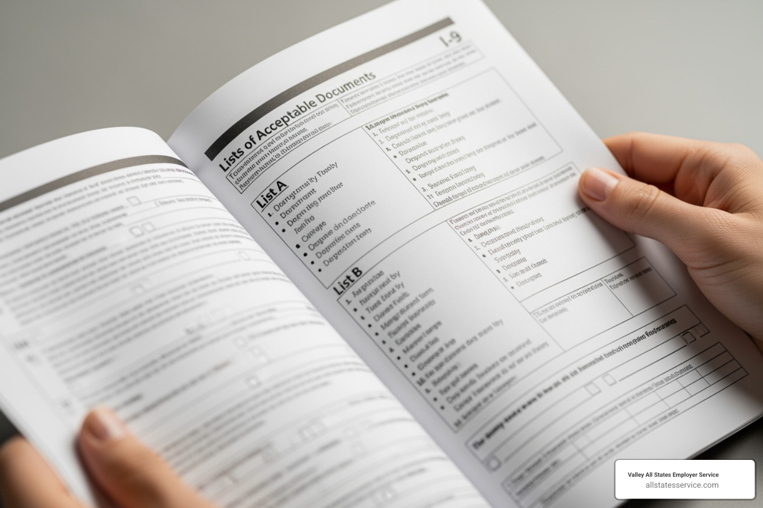 Lists of Acceptable Documents page from the I-9 form - Completing I-9 section 2 Lists of Acceptable Documents page from the I-9 form - Completing I-9 section 2
