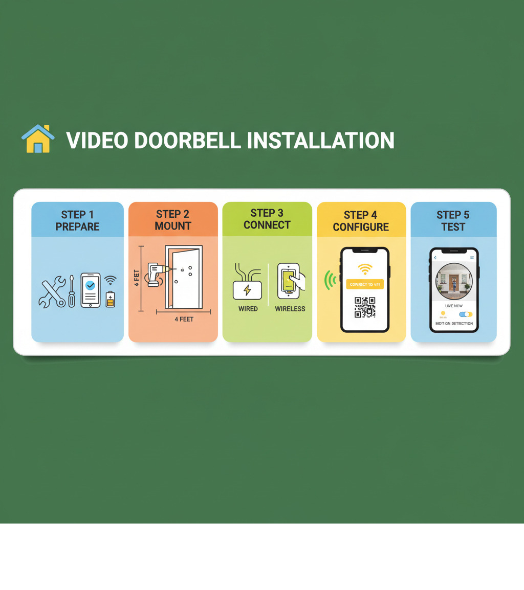 Step-by-step infographic guide detailing the essential five phases of a complete video doorbell setup including preparation mounting connection and testing.