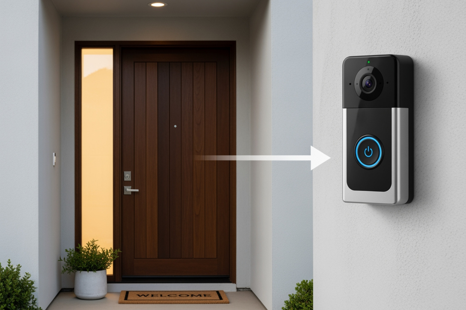 Image showing the ideal mounting height of a video doorbell (4 feet/1.2m from the ground) with an arrow indicating the height. - Video doorbell setup