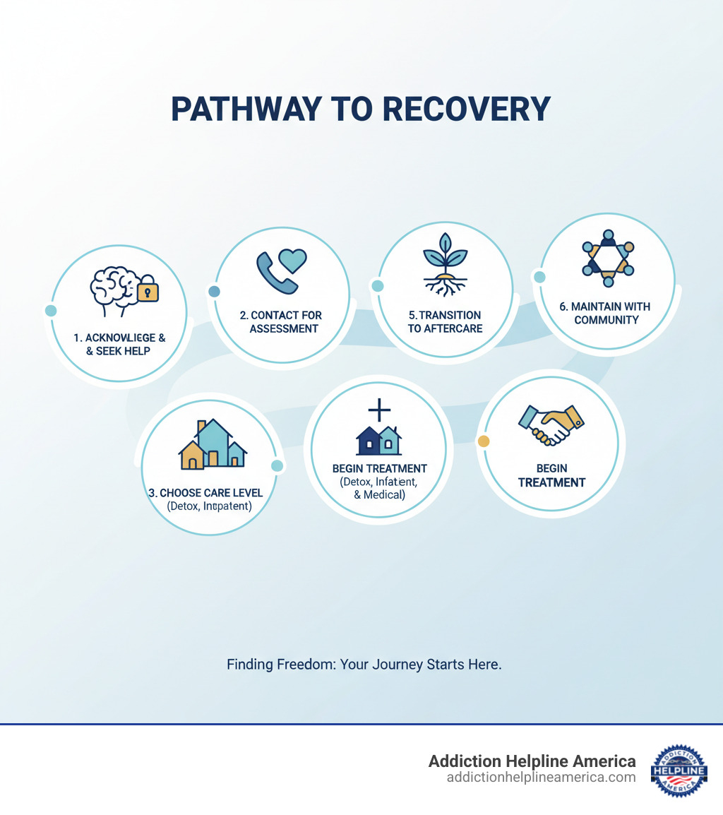 Infographic showing the pathway to recovery: 1) Acknowledge the problem and decide to seek help, 2) Contact a treatment center or helpline for assessment, 3) Choose appropriate level of care (detox, inpatient, or outpatient), 4) Begin treatment with counseling and medical support, 5) Transition to aftercare and ongoing support, 6) Maintain long-term recovery with community resources - drug rehab centers in syracuse ny infographic Infographic showing the pathway to recovery: 1) Acknowledge the problem and decide to seek help, 2) Contact a treatment center or helpline for assessment, 3) Choose appropriate level of care (detox, inpatient, or outpatient), 4) Begin treatment with counseling and medical support, 5) Transition to aftercare and ongoing support, 6) Maintain long-term recovery with community resources - drug rehab centers in syracuse ny infographic