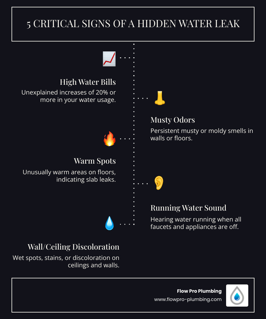 Infographic showing 5 critical signs of a hidden water leak: unexplained water bill increases of 20% or more, musty or moldy odors in walls or floors, warm spots on floors indicating slab leaks, sound of running water when all fixtures are off, and wet spots or discoloration on ceilings and walls - leaking pipe in discovery bay, ca infographic infographic-line-5-steps-dark Infographic showing 5 critical signs of a hidden water leak: unexplained water bill increases of 20% or more, musty or moldy odors in walls or floors, warm spots on floors indicating slab leaks, sound of running water when all fixtures are off, and wet spots or discoloration on ceilings and walls - leaking pipe in discovery bay, ca infographic infographic-line-5-steps-dark