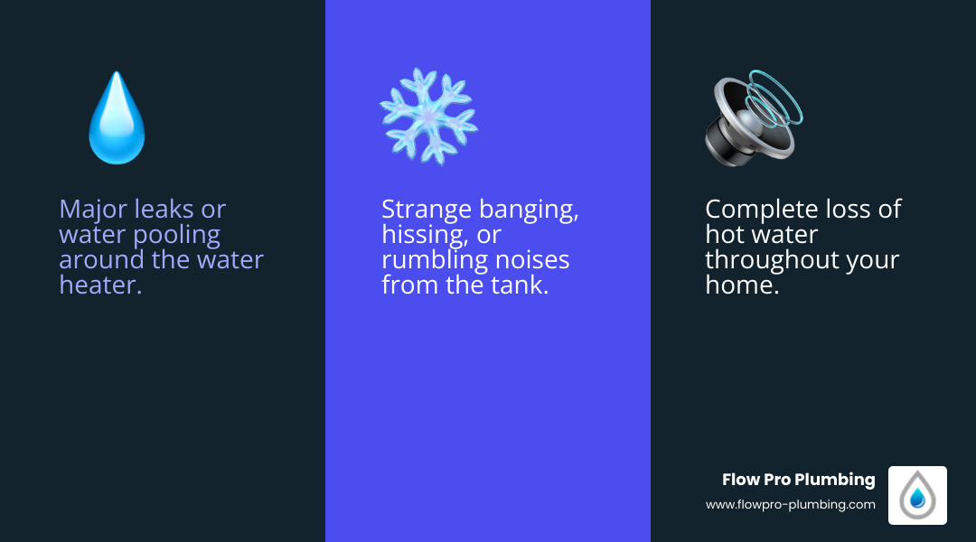 Infographic showing three urgent water heater warning signs: a water heater with a large pool of water beneath it labeled "Major Leaks or Flooding," a water heater with sound waves and exclamation marks labeled "Loud Banging or Hissing Noises," and a faucet with a snowflake symbol labeled "Complete Loss of Hot Water" - emergency water heaters in discovery bay, ca infographic 3_facts_emoji_blue Infographic showing three urgent water heater warning signs: a water heater with a large pool of water beneath it labeled "Major Leaks or Flooding," a water heater with sound waves and exclamation marks labeled "Loud Banging or Hissing Noises," and a faucet with a snowflake symbol labeled "Complete Loss of Hot Water" - emergency water heaters in discovery bay, ca infographic 3_facts_emoji_blue