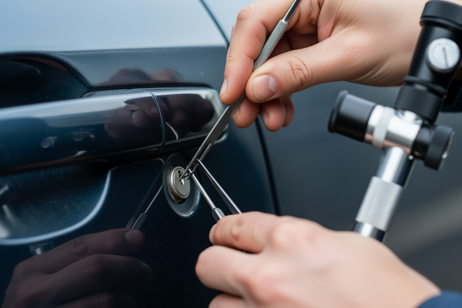 Locksmith working on car door. Locksmith working on car door.