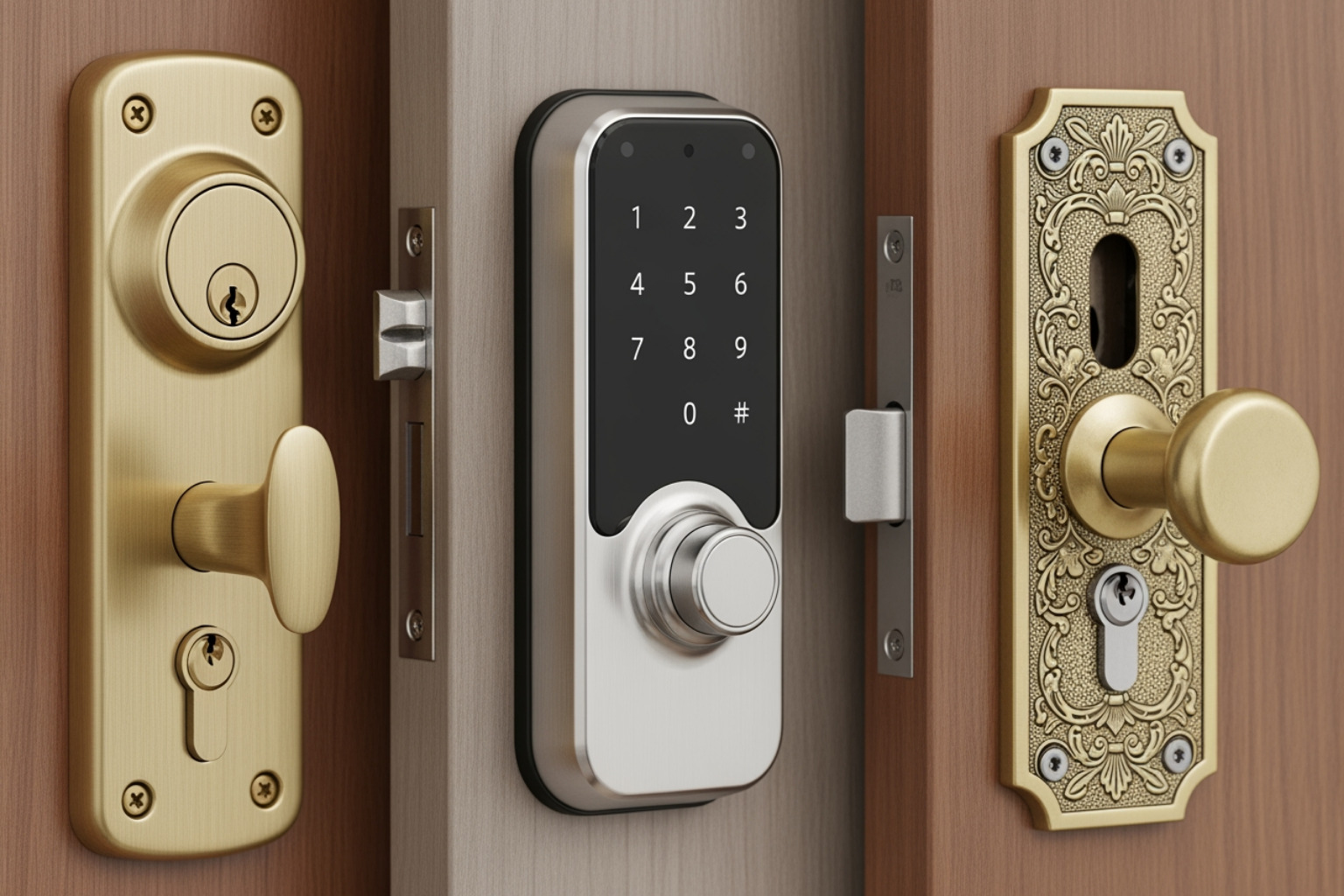 Different lock types including a deadbolt, a smart lock, and a mortise lock.