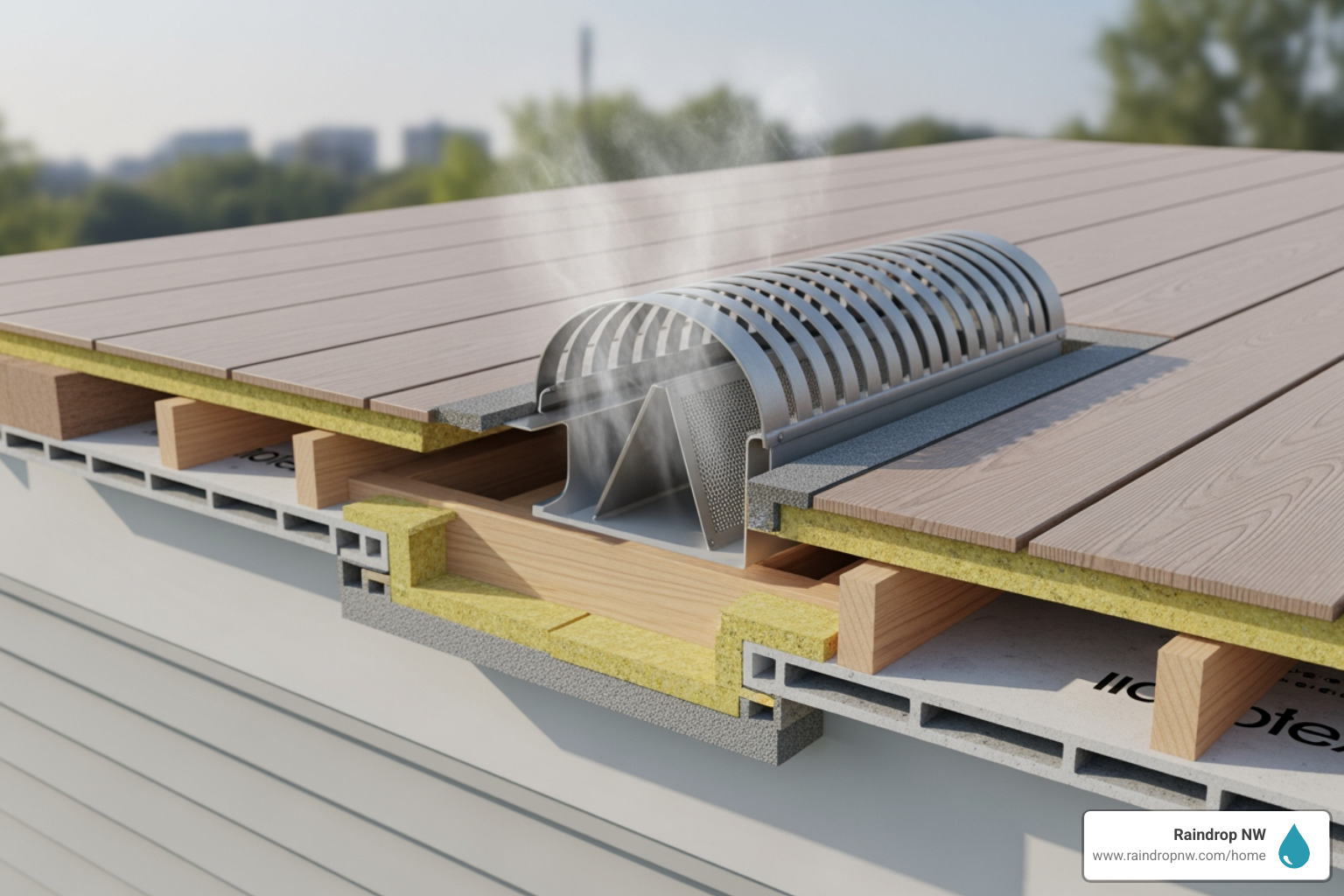 infographic showing cross-section of flat deck with labeled roof vent, moisture escaping upward through vent, arrows indicating airflow, condensation being expelled, and labels for common problem areas like flashing, vent cover, and decking material - I need a roof vent repair for my flat deck in Gresham. Who provides this service? infographic showing cross-section of flat deck with labeled roof vent, moisture escaping upward through vent, arrows indicating airflow, condensation being expelled, and labels for common problem areas like flashing, vent cover, and decking material - I need a roof vent repair for my flat deck in Gresham. Who provides this service?