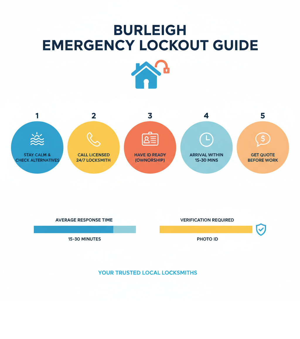 Infographic showing emergency lockout response steps for Burleigh residents: 1) Stay calm and check for alternative entry points 2) Call a licensed 24/7 locksmith 3) Have ID ready to verify ownership 4) Expect arrival within 15-30 minutes 5) Request a quote before work begins. Includes response time statistics and contact verification requirements. - Locksmith Burleigh infographic 