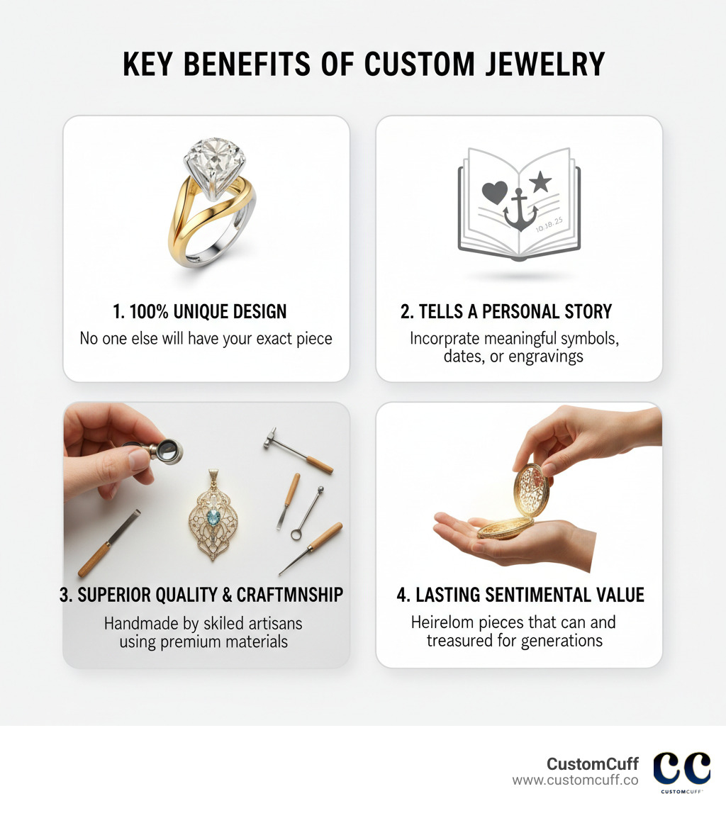 Key Benefits of Custom Jewelry: 1. 100% Unique Design - No one else will have your exact piece, 2. Tells a Personal Story - Incorporate meaningful symbols, dates, or engravings, 3. Superior Quality & Craftsmanship - Handmade by skilled artisans using premium materials, 4. Lasting Sentimental Value - Heirloom pieces that can be treasured for generations - custom jewelry New York infographic 