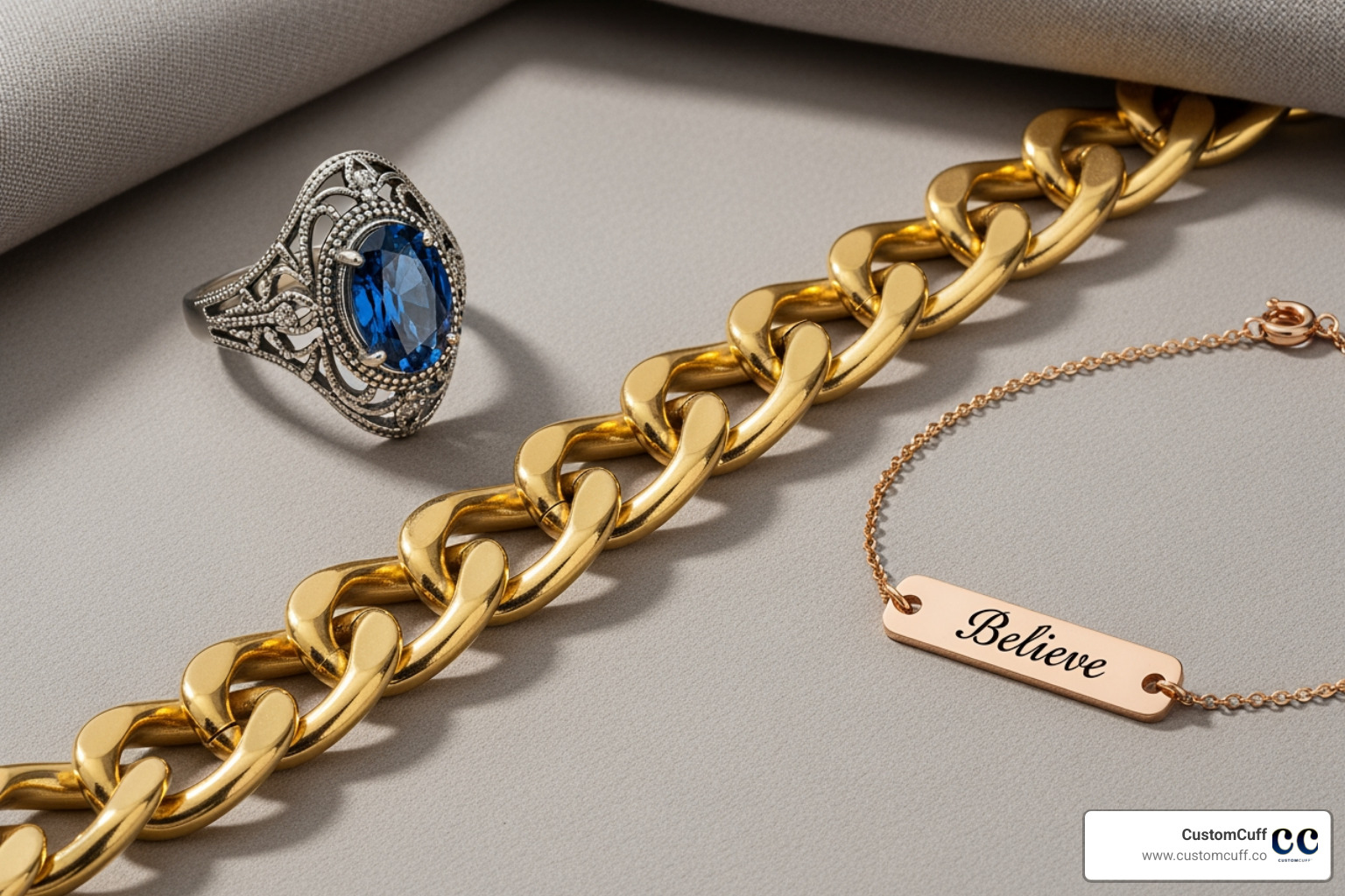 A diverse collection of custom jewelry pieces, including a bold chain, a vintage-style ring, and a personalized bracelet. - custom jewelry New York