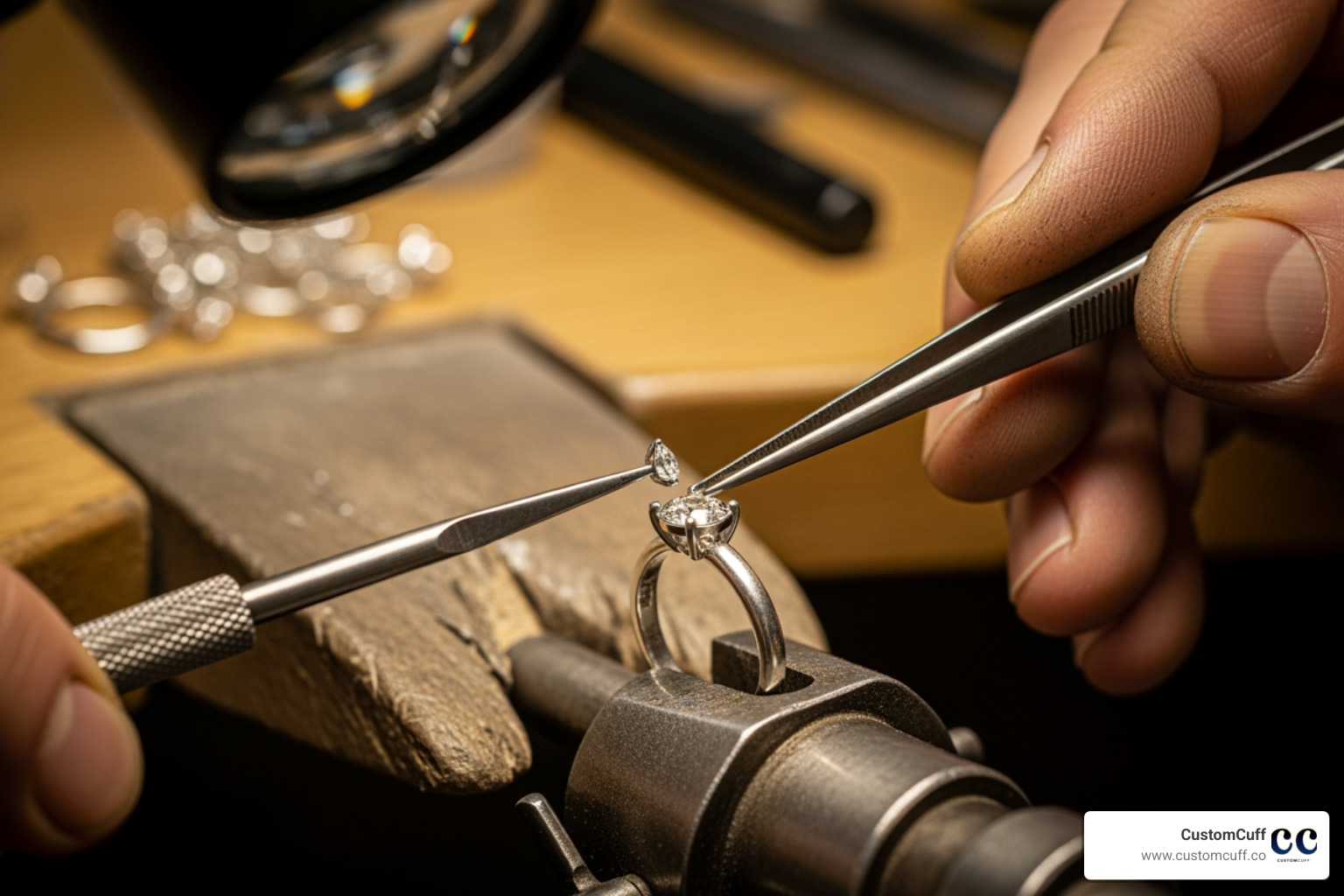 A jeweler's hands carefully setting a gemstone into a ring. - custom jewelry New York
