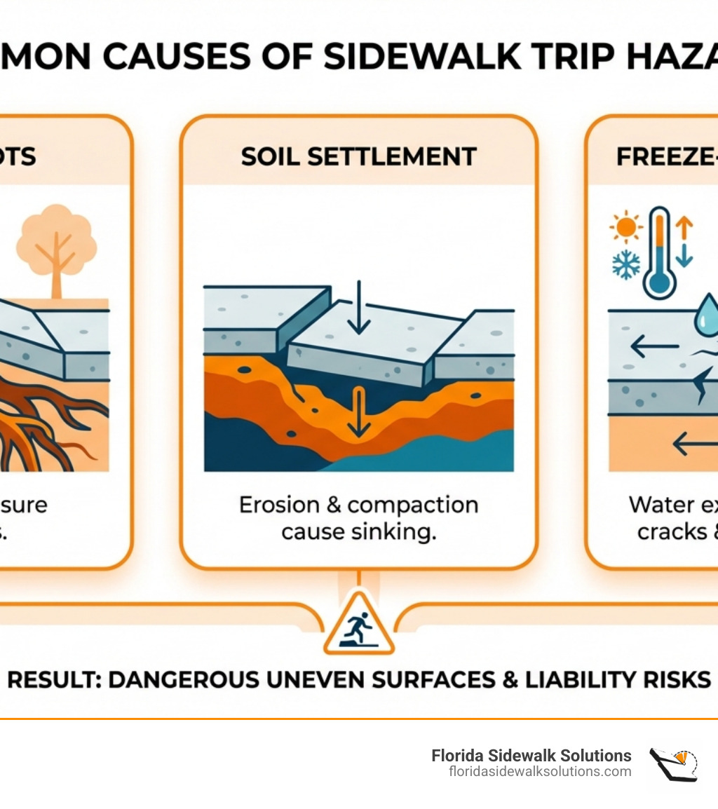 infographic showing three main causes of sidewalk trip hazards: tree roots pushing up concrete slabs from below, soil settlement causing sections to sink, and freeze-thaw weather cycles creating cracks and displacement - Sidewalk repair company infographic 