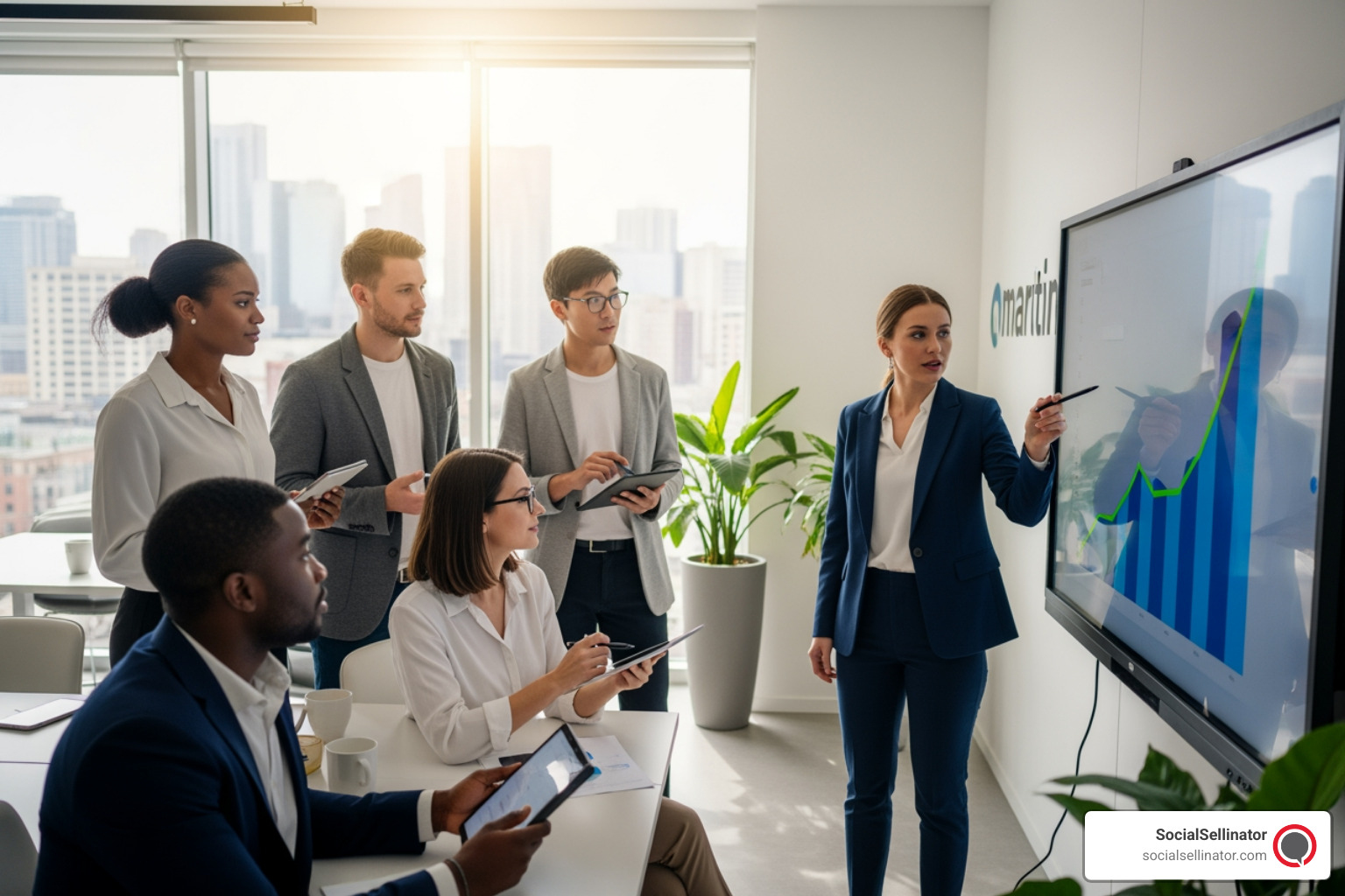 team of marketing professionals in a meeting, discussing a brand's positive growth chart - online reputation management Los Angeles