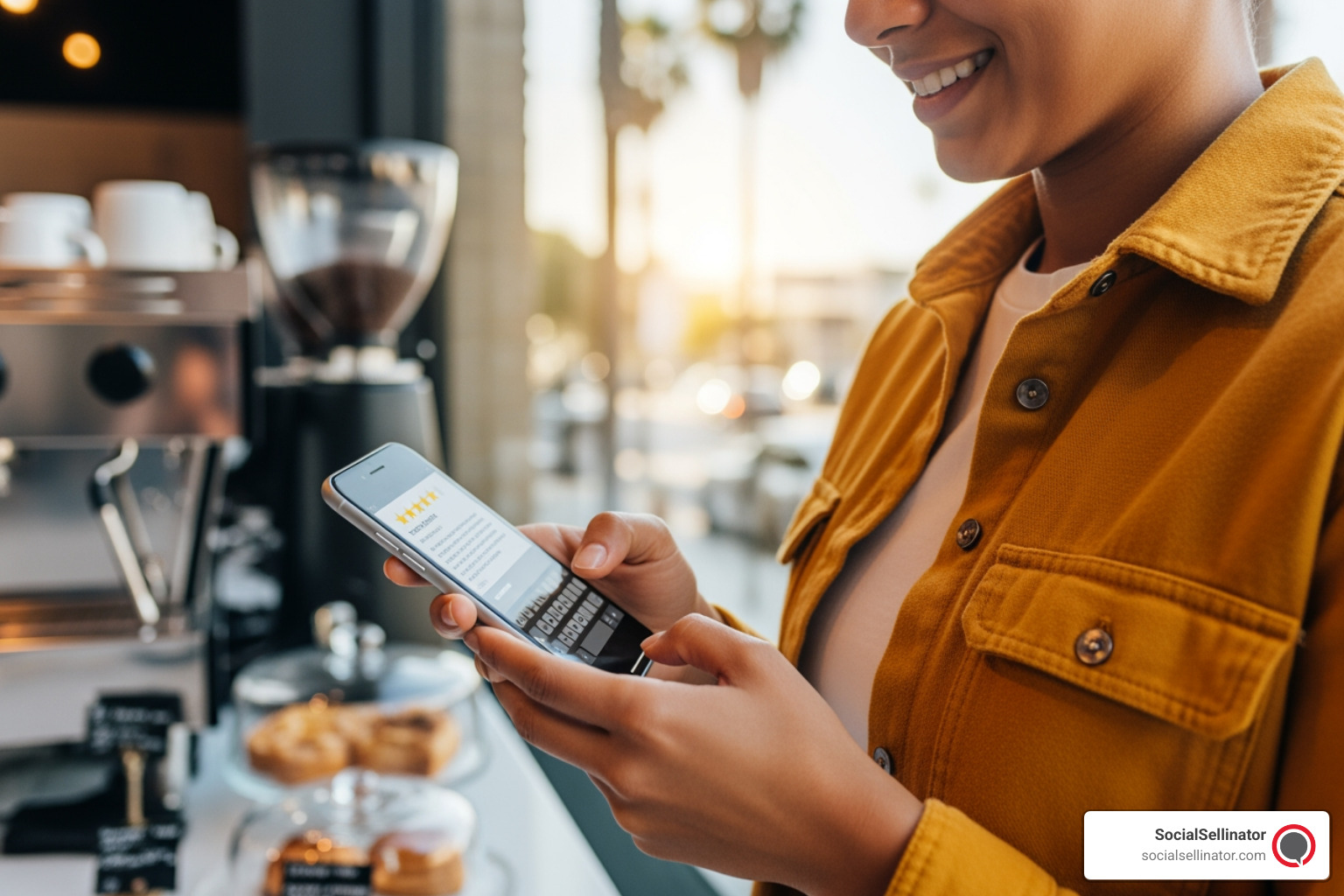 person using a smartphone to leave a positive review for a local LA coffee shop - online reputation management Los Angeles