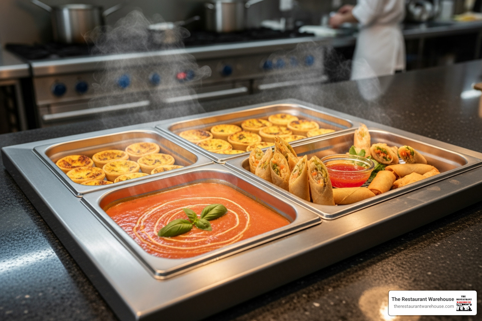 sleek countertop food warmer holding soup and appetizers - commercial food warmers