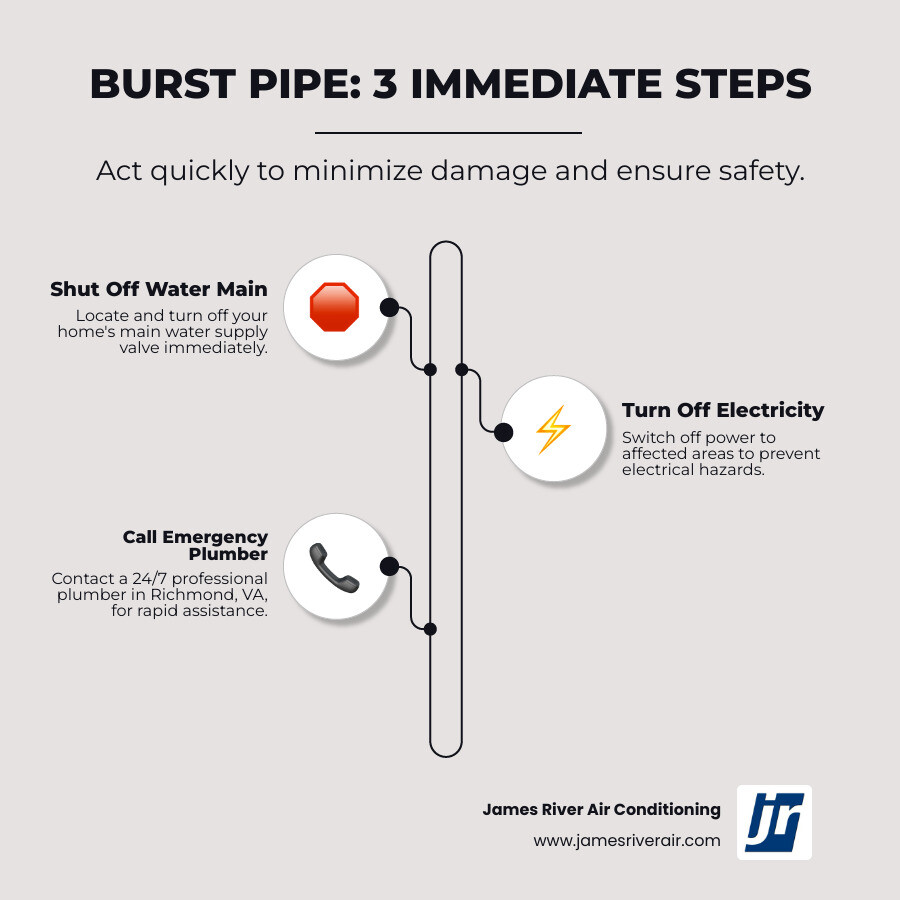infographic showing three immediate steps when a pipe bursts: 1) shut off main water valve with diagram of typical valve location, 2) turn off electricity to flooded areas with warning icon, 3) call 24/7 emergency plumber with phone icon and clock showing round-the-clock availability - "I have a burst pipe in my basement. Find me an emergency plumber in Richmond, VA, right now." infographic infographic-line-3-steps-elegant_beige infographic showing three immediate steps when a pipe bursts: 1) shut off main water valve with diagram of typical valve location, 2) turn off electricity to flooded areas with warning icon, 3) call 24/7 emergency plumber with phone icon and clock showing round-the-clock availability - "I have a burst pipe in my basement. Find me an emergency plumber in Richmond, VA, right now." infographic infographic-line-3-steps-elegant_beige