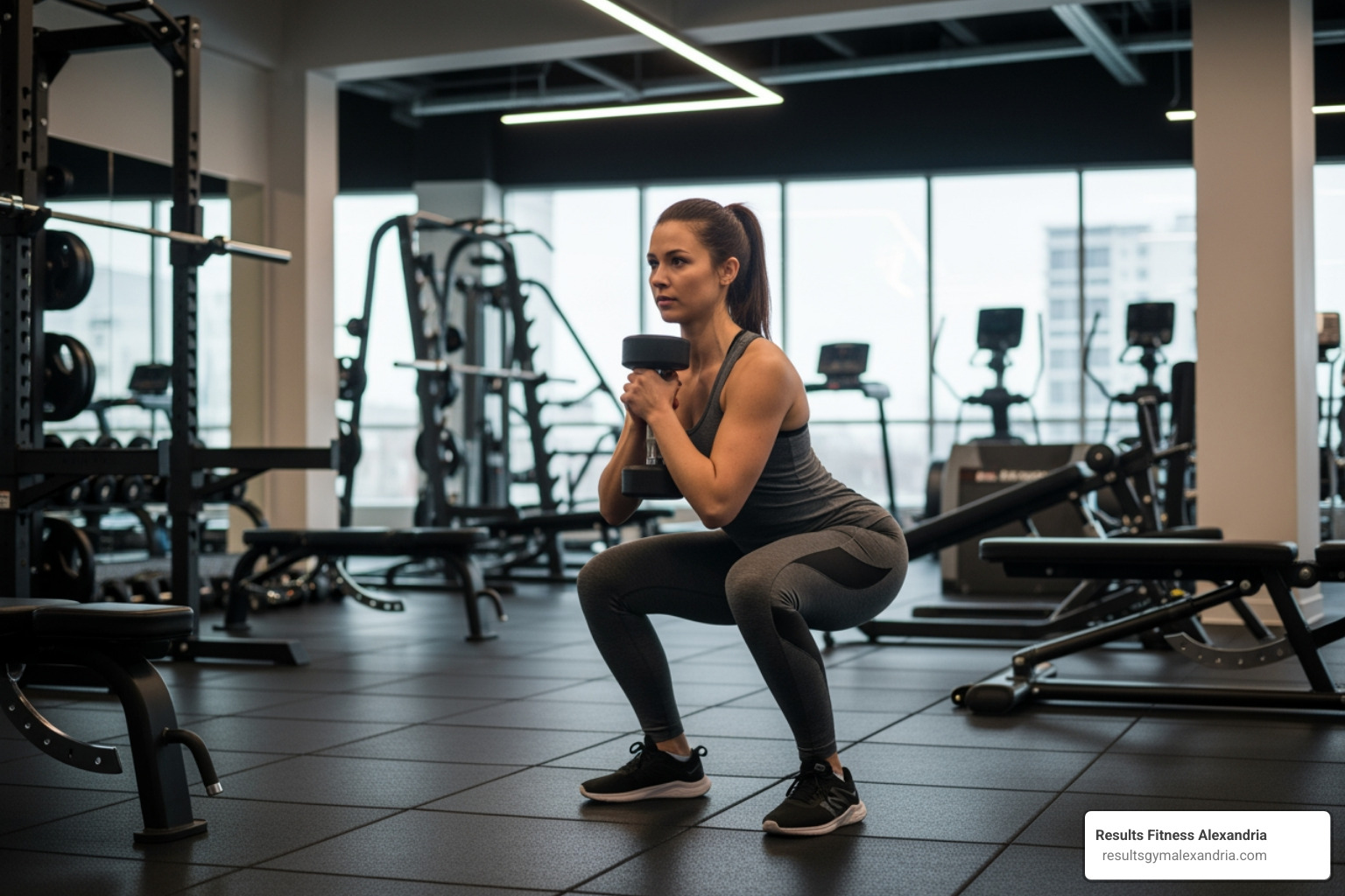 A woman performing a perfect form goblet squat, demonstrating correct posture and depth - working out for beginners female
