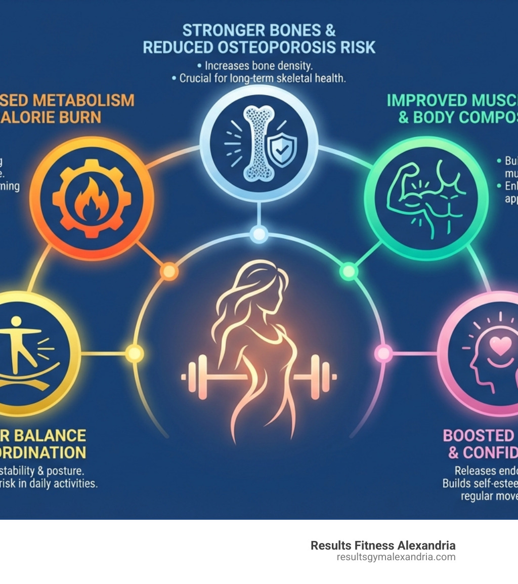 Infographic showing the 5 key benefits of strength training for beginner women: increased metabolism and calorie burn, stronger bones and reduced osteoporosis risk, improved muscle tone and body composition, better balance and coordination for daily activities, and boosted mood and confidence through regular movement - working out for beginners female infographic 