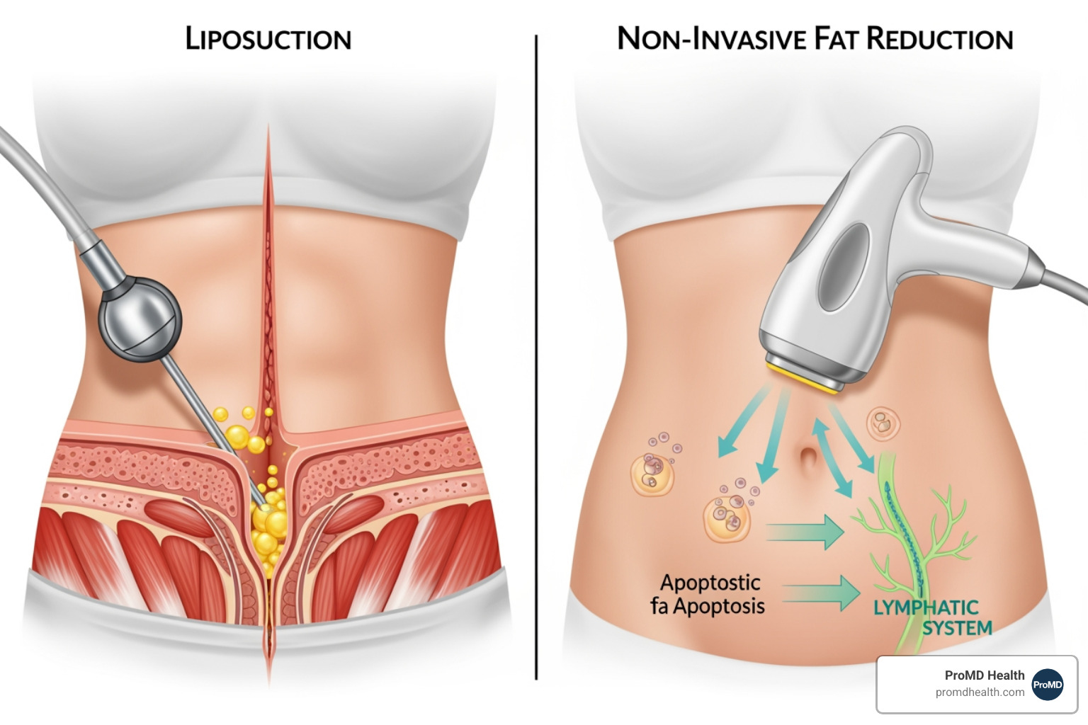 Illustration comparing liposuction with non-invasive fat reduction. Liposuction shows a surgical incision and cannula removing fat. Non-invasive fat reduction shows a device applied to the skin, with arrows pointing to fat cells undergoing apoptosis and being naturally eliminated by the lymphatic system. - Non invasive fat reduction Illustration comparing liposuction with non-invasive fat reduction. Liposuction shows a surgical incision and cannula removing fat. Non-invasive fat reduction shows a device applied to the skin, with arrows pointing to fat cells undergoing apoptosis and being naturally eliminated by the lymphatic system. - Non invasive fat reduction