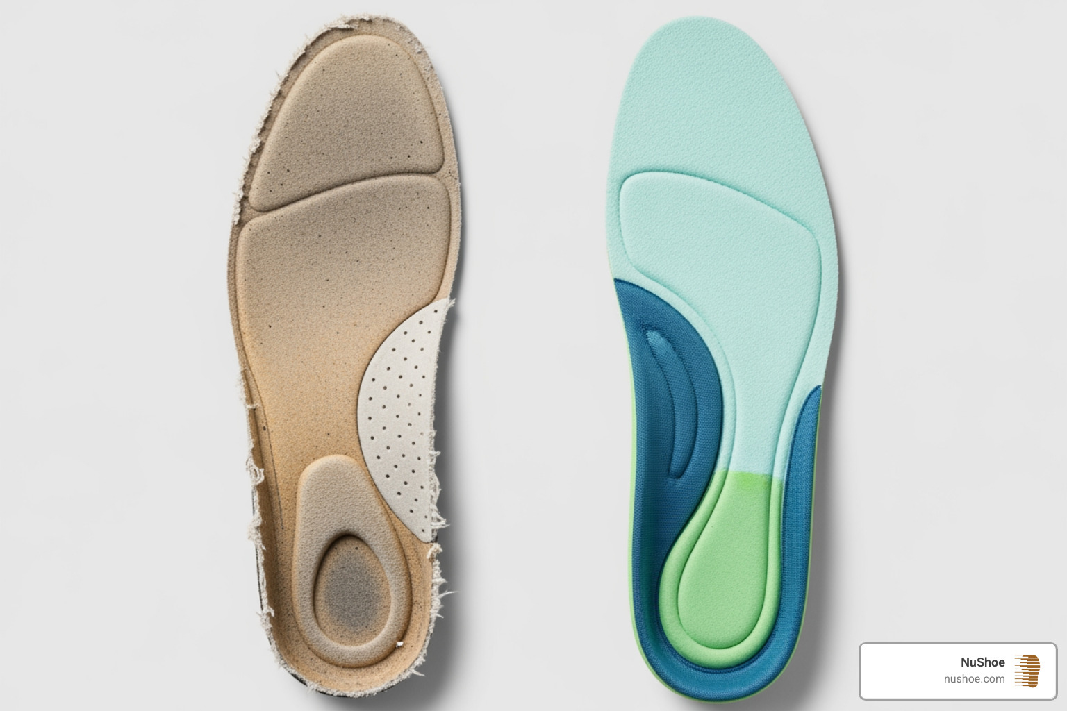 side-by-side comparison of a worn-out stock insole and a new aftermarket insole - insoles for nike shoes side-by-side comparison of a worn-out stock insole and a new aftermarket insole - insoles for nike shoes