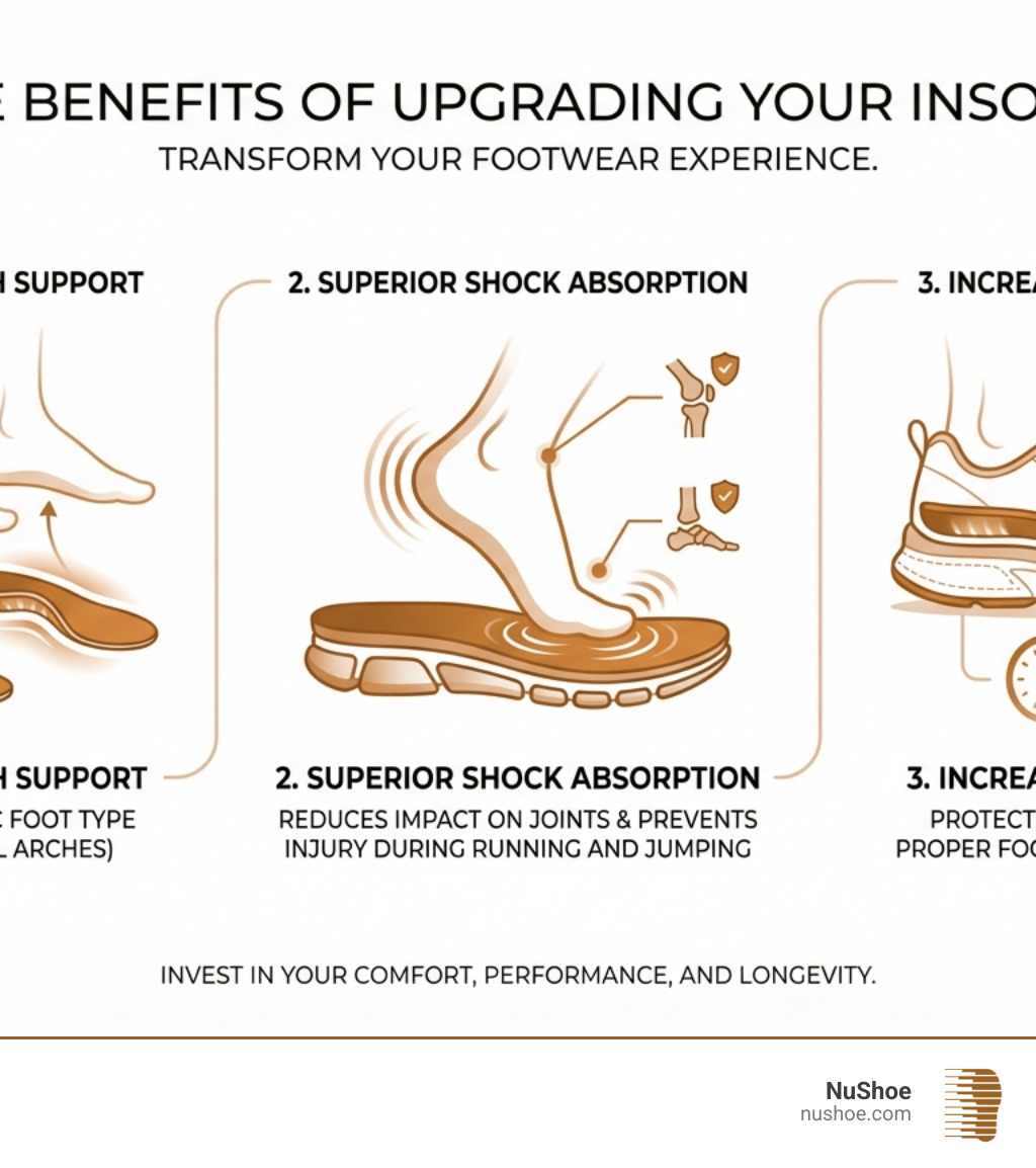 Infographic showing three main benefits of upgrading Nike insoles: 1. Personalized arch support adapts to your specific foot type (high, low, or neutral arches), 2. Superior shock absorption reduces impact on joints and prevents injury during running and jumping, 3. Increased shoe lifespan by protecting the midsole and maintaining proper foot positioning over time - insoles for nike shoes infographic Infographic showing three main benefits of upgrading Nike insoles: 1. Personalized arch support adapts to your specific foot type (high, low, or neutral arches), 2. Superior shock absorption reduces impact on joints and prevents injury during running and jumping, 3. Increased shoe lifespan by protecting the midsole and maintaining proper foot positioning over time - insoles for nike shoes infographic