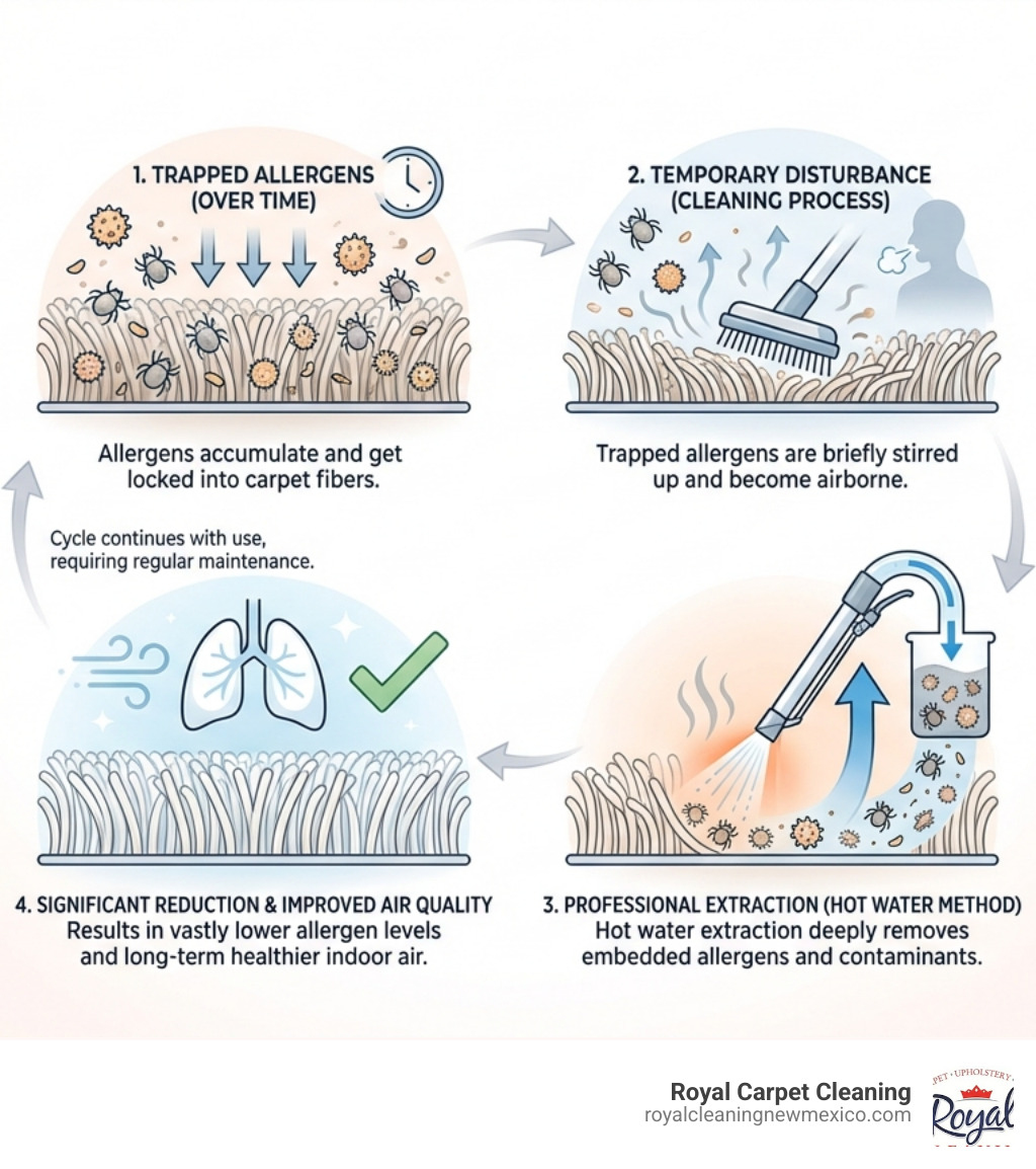 infographic showing the carpet allergen cycle: allergens get trapped in carpet fibers over time, are temporarily disturbed and released into air during cleaning process, then professionally extracted through hot water extraction method, resulting in significantly reduced allergen levels and improved long-term indoor air quality - can carpet cleaning cause allergies infographic 
