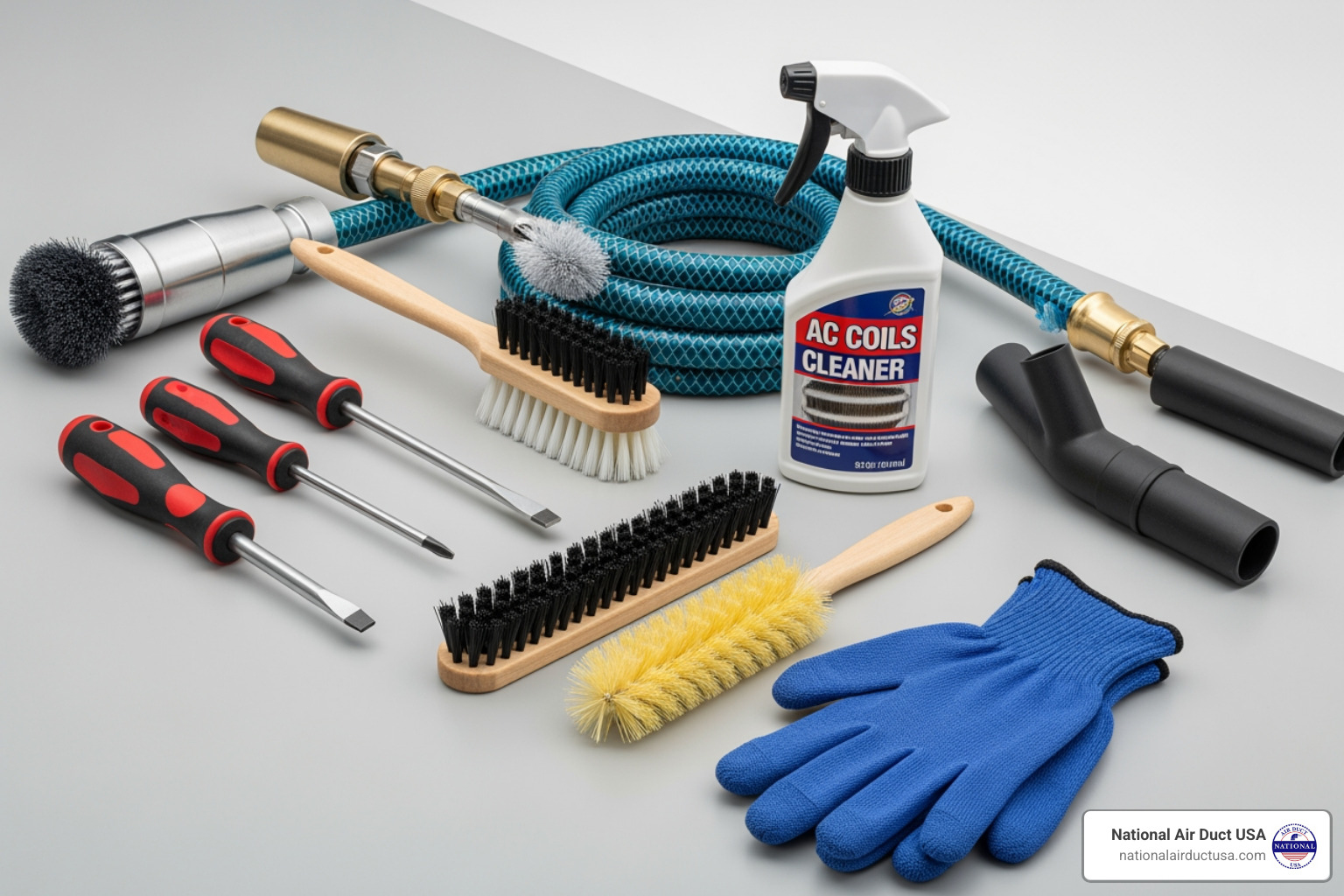 Image of various tools laid out for AC cleaning, including screwdrivers, a hose, coil cleaner, brushes, and gloves - central air conditioner cleaning