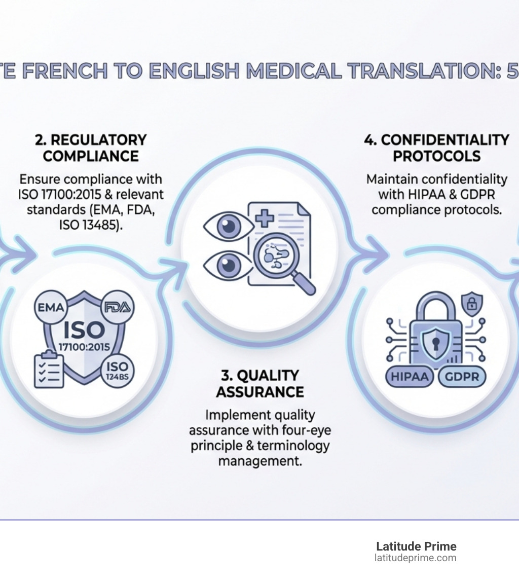 Infographic showing the 5 key steps for accurate French to English medical translation: 1. Select a qualified medical translator with subject matter expertise, 2. Ensure compliance with ISO 17100:2015 and relevant regulatory standards (EMA, FDA, ISO 13485), 3. Implement quality assurance with the four-eye principle and terminology management, 4. Maintain confidentiality with HIPAA and GDPR compliance protocols, 5. Provide certification with a signed Certificate of Accuracy for official use - french to english medical translation infographic Infographic showing the 5 key steps for accurate French to English medical translation: 1. Select a qualified medical translator with subject matter expertise, 2. Ensure compliance with ISO 17100:2015 and relevant regulatory standards (EMA, FDA, ISO 13485), 3. Implement quality assurance with the four-eye principle and terminology management, 4. Maintain confidentiality with HIPAA and GDPR compliance protocols, 5. Provide certification with a signed Certificate of Accuracy for official use - french to english medical translation infographic