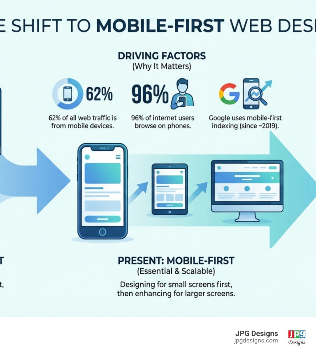 Infographic showing the shift from desktop-first to mobile-first design approach, including statistics: 62% of web traffic from mobile devices, 96% of internet users browse on phones, Google uses mobile-first indexing, and key benefits including improved SEO rankings, faster load times, better user experience, and increased conversions - what is mobile first web design infographic 