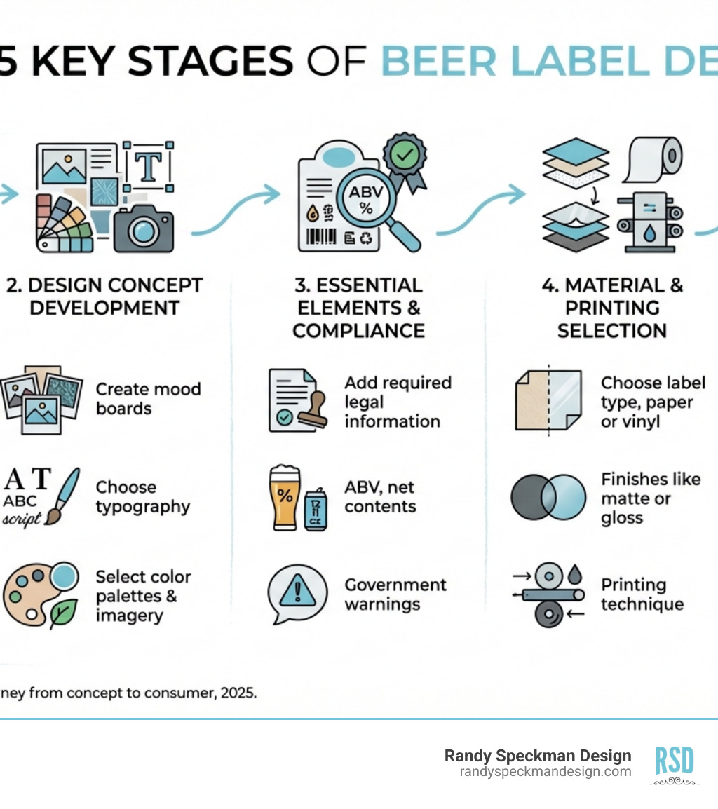 Infographic showing the 5 key stages of beer label design: 1. Strategy and Brand Discovery - Define target audience, brand personality, and storytelling approach; 2. Design Concept Development - Create mood boards, choose typography, select color palettes and imagery; 3. Essential Elements and Compliance - Add required legal information, ABV, net contents, and government warnings; 4. Material and Printing Selection - Choose label type, paper or vinyl, finishes like matte or gloss, and printing technique; 5. Production and Application - Work with print shop, quality check, and apply labels to bottles or cans - Beer label design infographic 