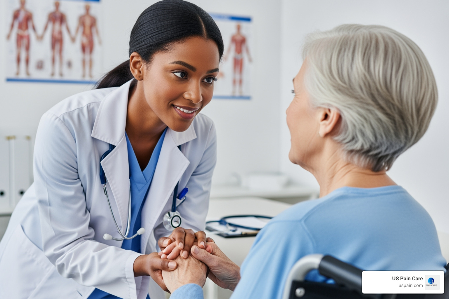 A compassionate doctor listening to a patient in a wheelchair - pain management for disability
