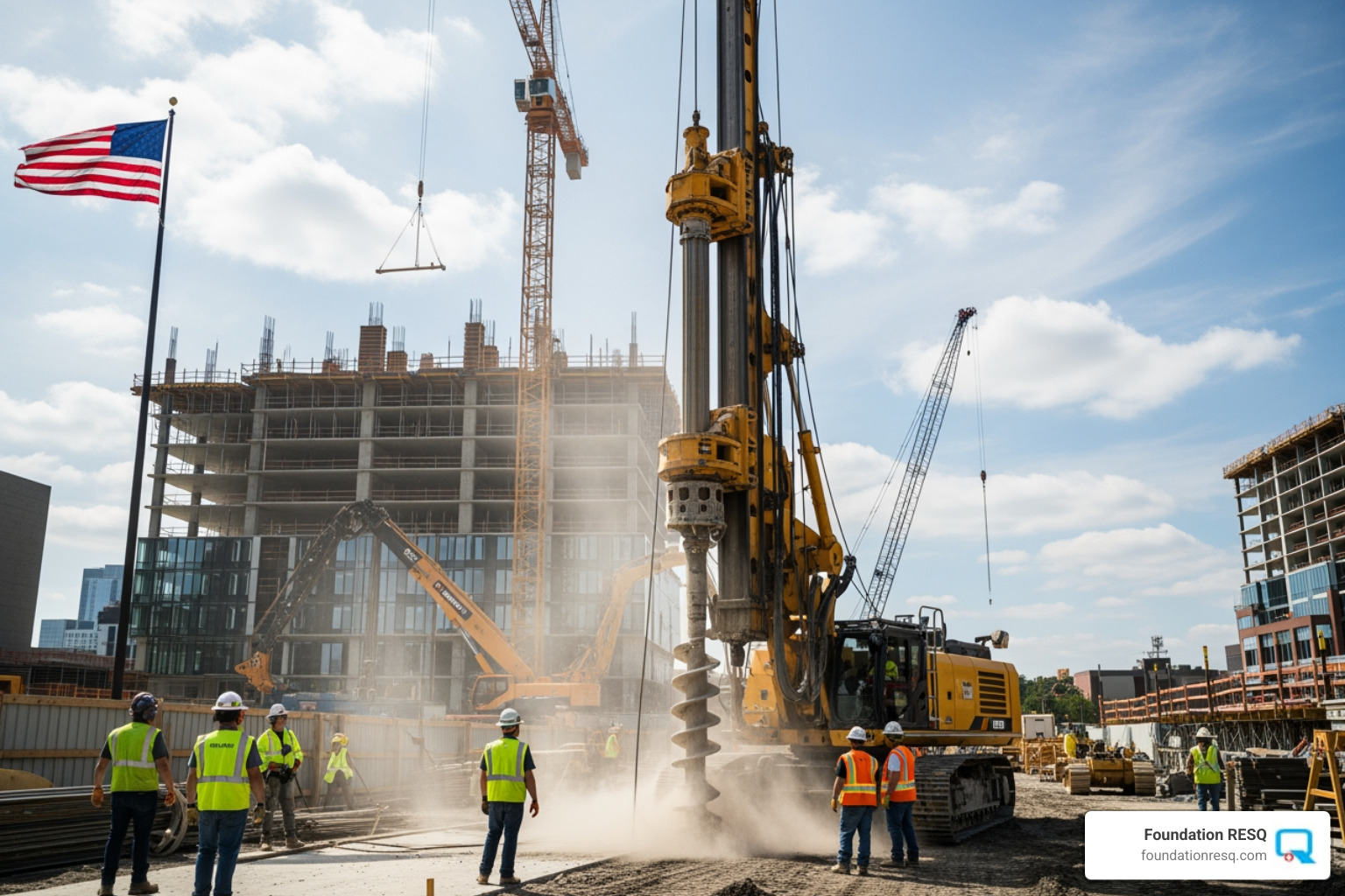large drill rig operating on a construction site - foundation construction company large drill rig operating on a construction site - foundation construction company