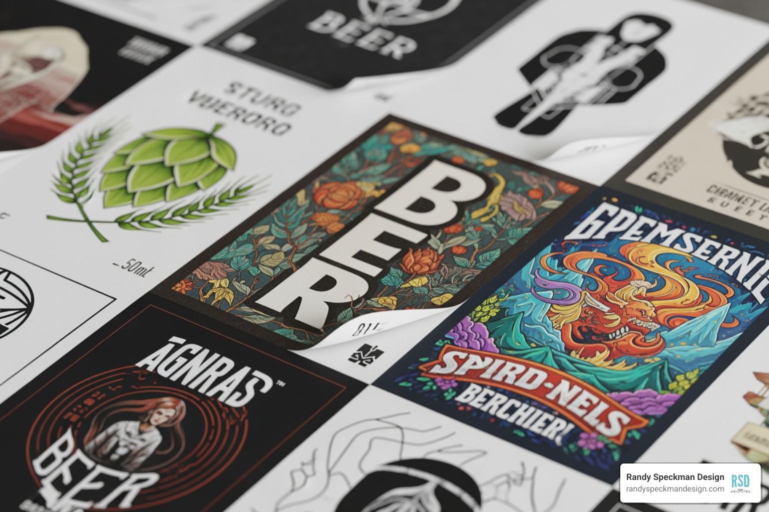 Mood board for a beer brand showing colors, textures, and font ideas - Beer label design
