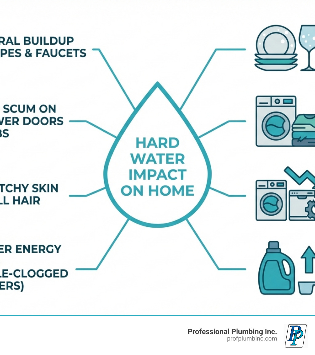Infographic showing how hard water affects your home: mineral buildup on pipes and faucets, spotty dishes and glassware, soap scum on shower doors and tubs, dry itchy skin and dull hair, stiff scratchy laundry, reduced appliance efficiency and lifespan, higher energy bills from scale-clogged water heaters, and increased detergent usage - Water softener installation Huntington Beach infographic Infographic showing how hard water affects your home: mineral buildup on pipes and faucets, spotty dishes and glassware, soap scum on shower doors and tubs, dry itchy skin and dull hair, stiff scratchy laundry, reduced appliance efficiency and lifespan, higher energy bills from scale-clogged water heaters, and increased detergent usage - Water softener installation Huntington Beach infographic
