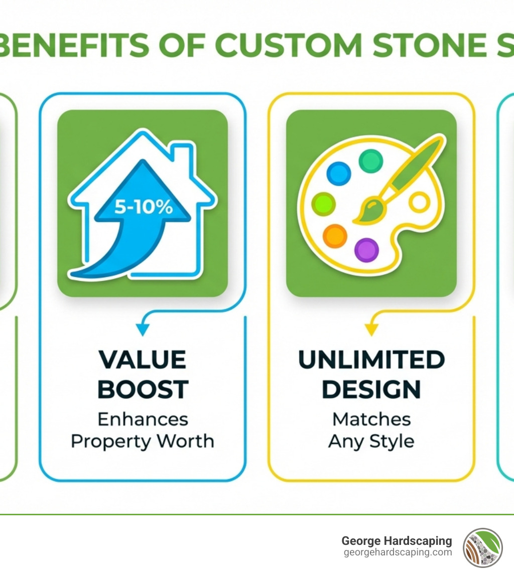 Infographic showing four key benefits of custom stone steps: a clock icon representing 50+ year lifespan and durability in harsh weather, a house with upward arrow showing 5-10% increase in property value, a palette icon illustrating unlimited design versatility to match any architectural style, and a simple maintenance checklist icon indicating minimal upkeep requirements with occasional cleaning and optional sealing - Custom Stone Steps Beverly MA infographic