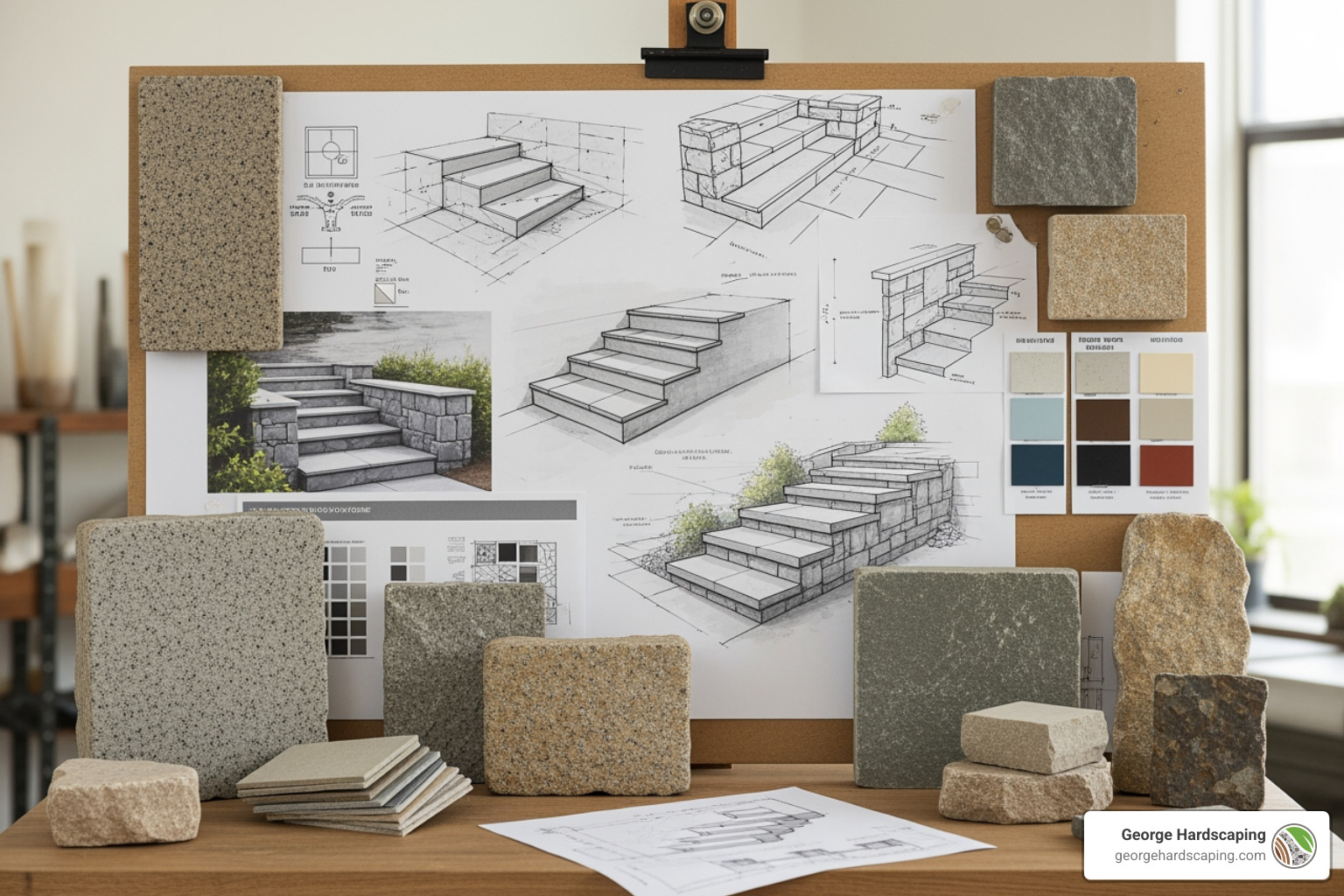 Mood board with different stone types and design sketches - Custom Stone Steps Beverly MA