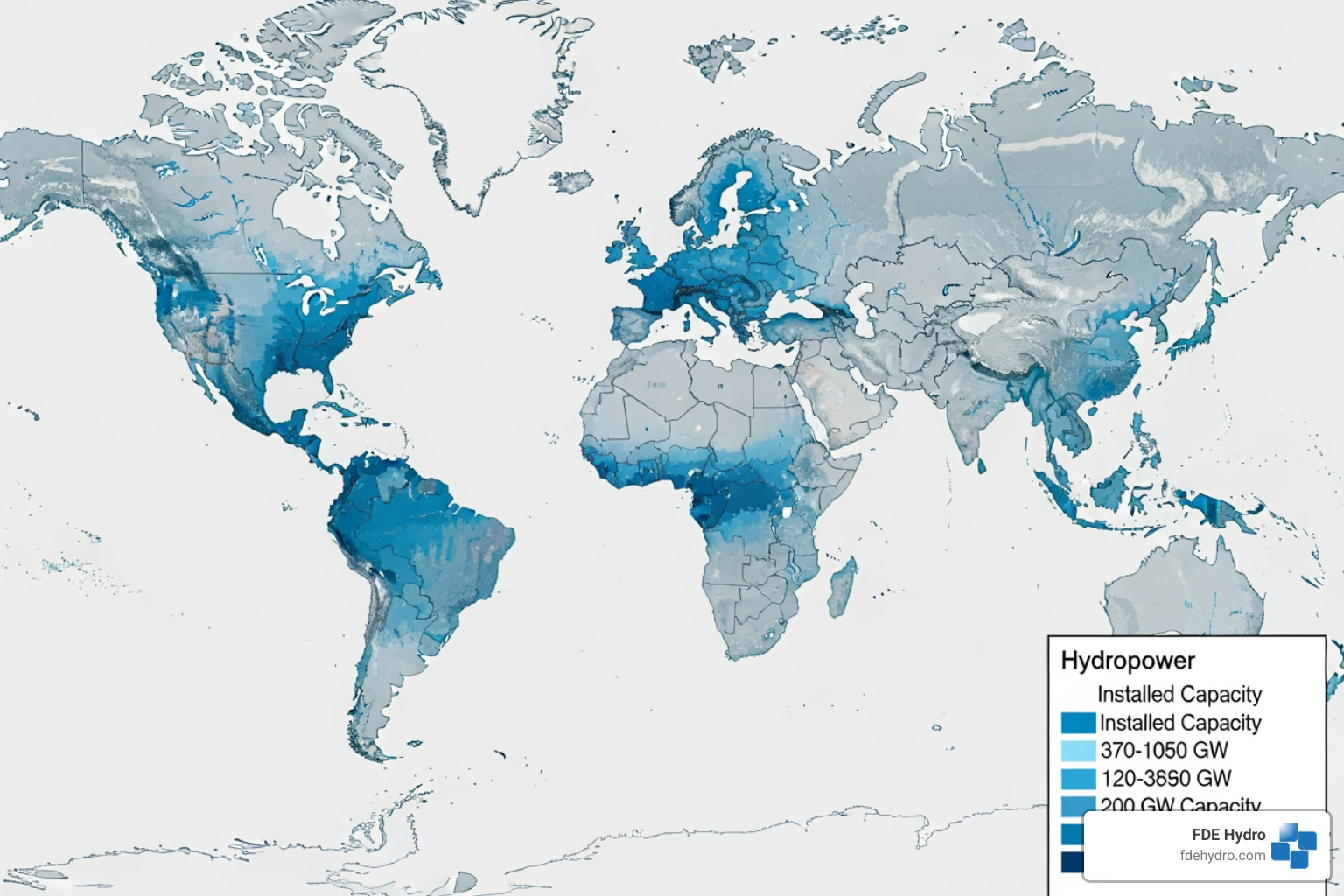 world map highlighting key hydropower regions and their installed capacity - global hydropower market