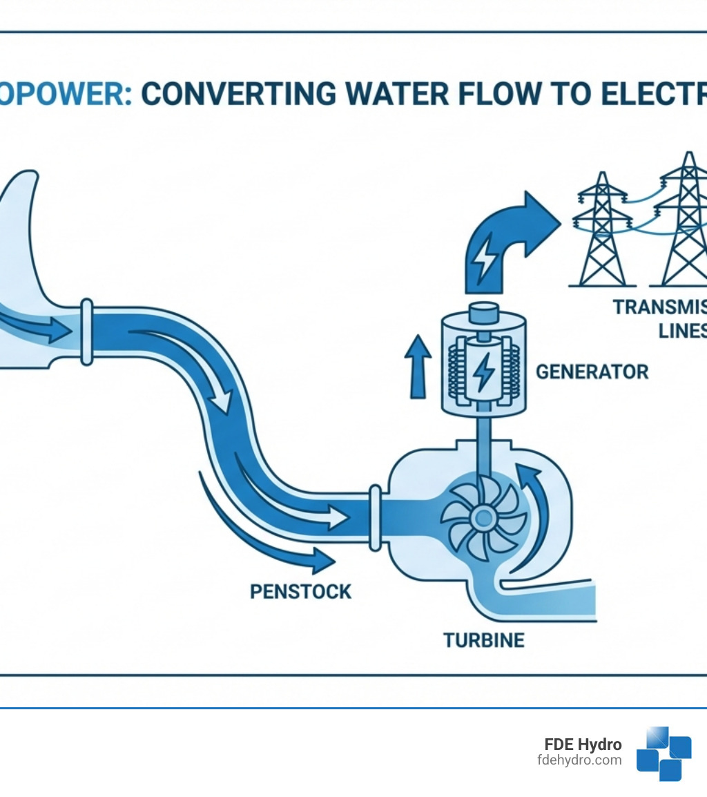 infographic showing how hydropower converts water flow to electricity with labeled components including reservoir, penstock, turbine, generator, and transmission lines - global hydropower market infographic 