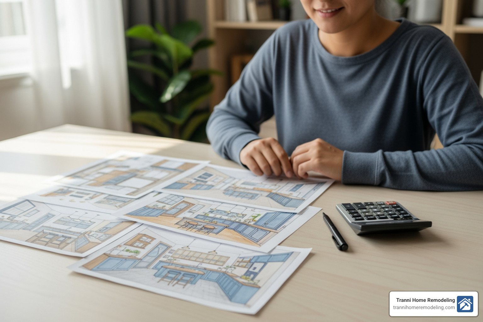 person at a desk with a calculator and kitchen design sketches - how to budget with contractors on kitchen remodel