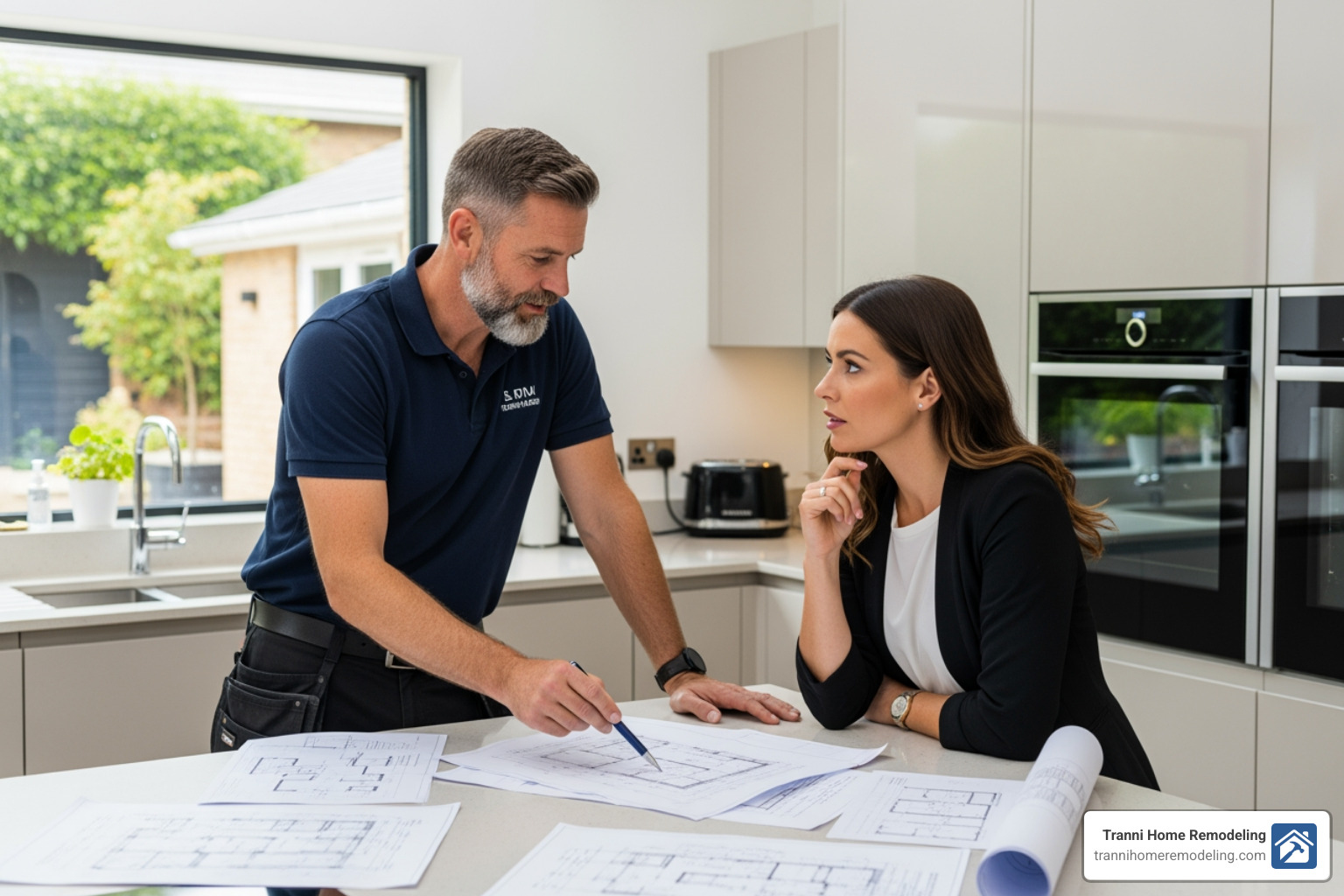 homeowner and contractor reviewing blueprints together in a kitchen - how to budget with contractors on kitchen remodel