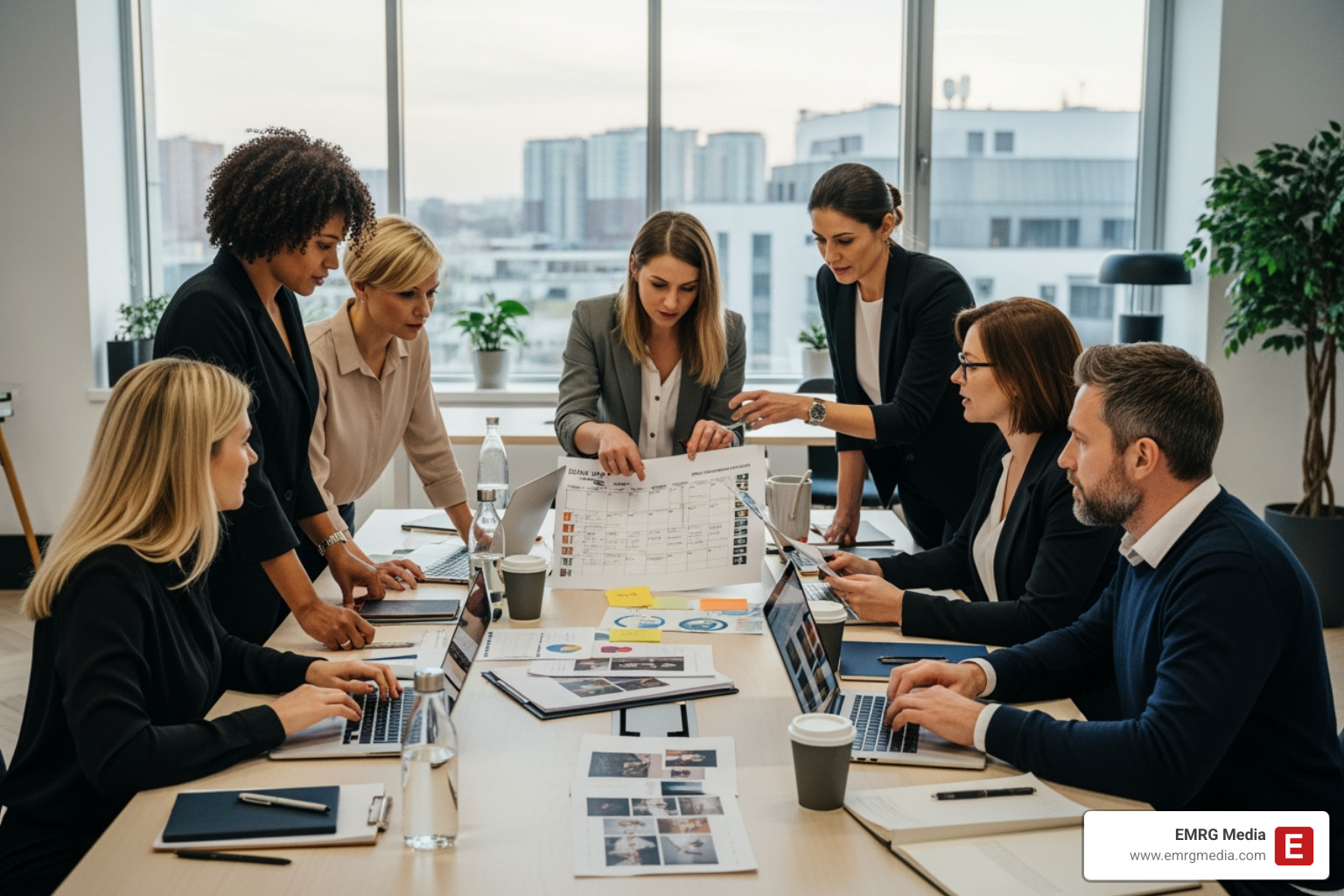 a diverse team collaborating around a table with event planning notes - Company anniversary events a diverse team collaborating around a table with event planning notes - Company anniversary events