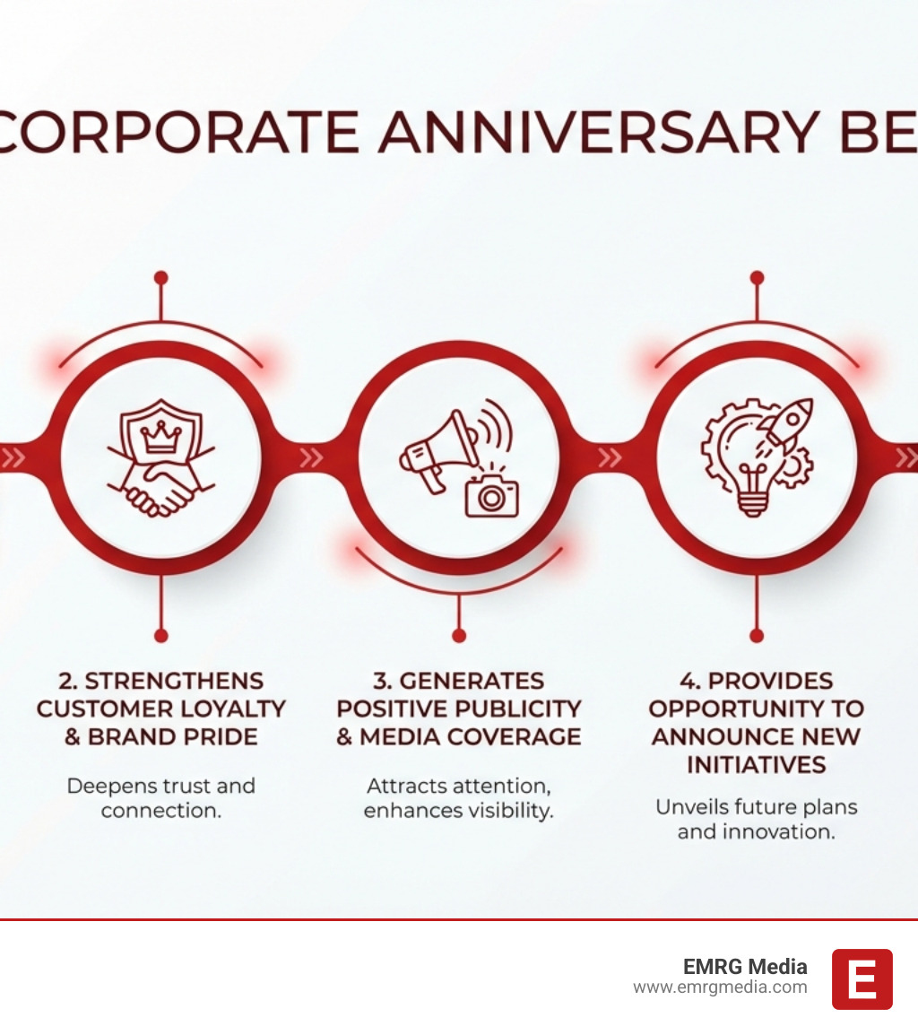 infographic showing the top 5 benefits of celebrating a corporate anniversary: 1. Boosts employee morale and retention, 3. Strengthens customer loyalty and brand pride, 4. Generates positive publicity and media coverage, 5. Provides opportunity to announce new initiatives, 6. Demonstrates stability and long-term viability - Company anniversary events infographic infographic showing the top 5 benefits of celebrating a corporate anniversary: 1. Boosts employee morale and retention, 3. Strengthens customer loyalty and brand pride, 4. Generates positive publicity and media coverage, 5. Provides opportunity to announce new initiatives, 6. Demonstrates stability and long-term viability - Company anniversary events infographic