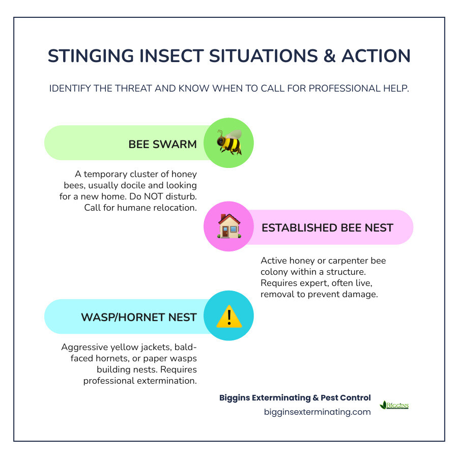 infographic showing the differences between bee swarms and established nests, including identification tips for honey bees, carpenter bees, yellow jackets, and hornets, with clear visual indicators of when to call for professional removal versus relocation services - Bee removal Reading MA infographic infographic-line-3-steps-colors