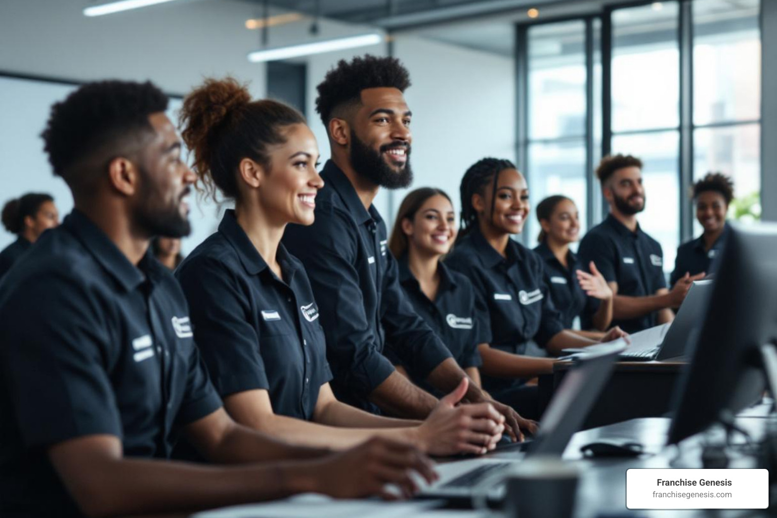 Image of a diverse group of employees in a training session, all wearing branded uniforms. - Franchise brand reputation