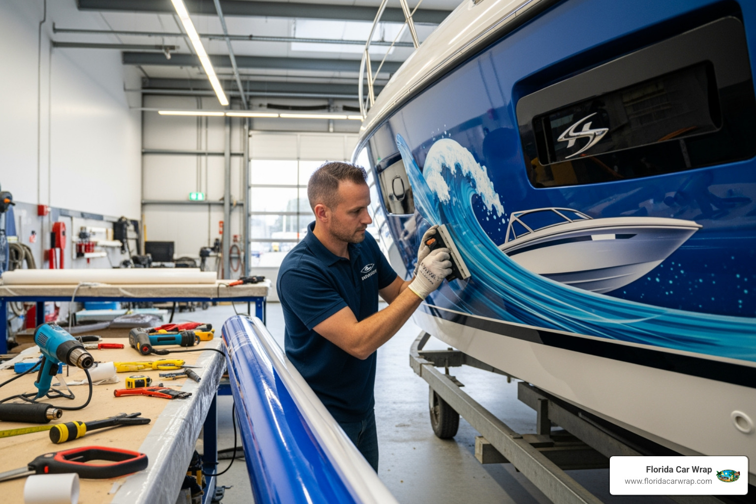 professional installing a vinyl wrap on a boat - boat wraps Miami