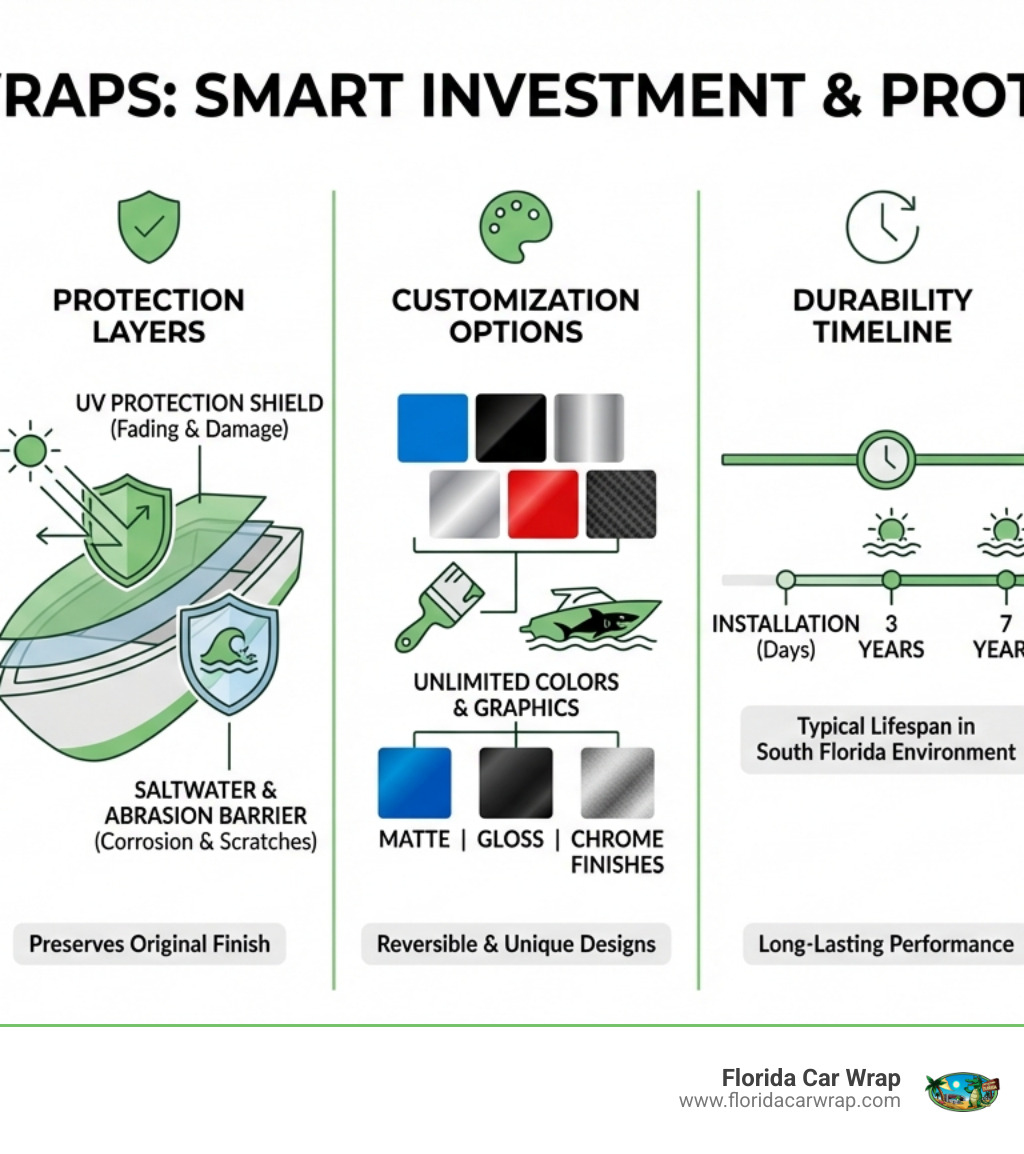 infographic showing benefits of boat wraps including cost comparison to paint, protection layers against UV and saltwater, customization options with color swatches, durability timeline of 3-7 years, and maintenance requirements - boat wraps Miami infographic 