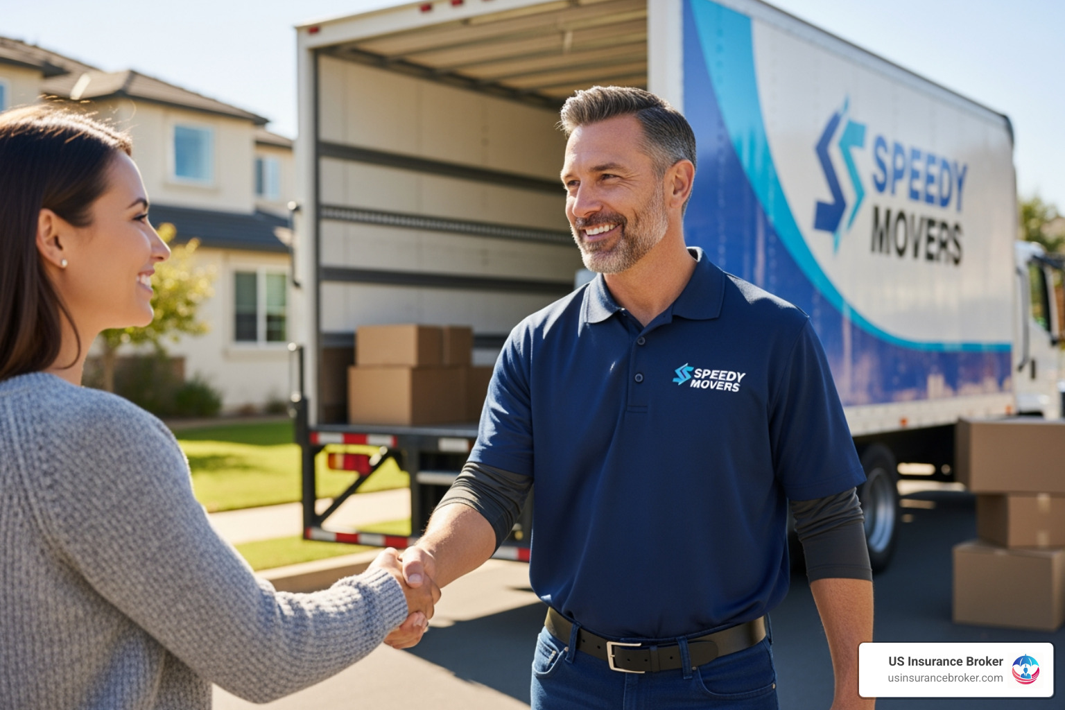 moving company owner shaking hands with a happy client in front of a moving truck - general liability for moving companies moving company owner shaking hands with a happy client in front of a moving truck - general liability for moving companies