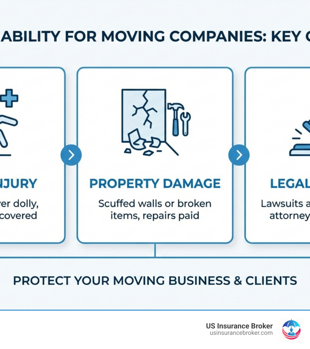 Infographic showing three icons: 1) A person falling with text "Bodily Injury - Client trips over dolly, medical bills covered" 2) A cracked wall with text "Property Damage - Scuffed walls or broken items, repairs paid" 3) A gavel with text "Legal Defense - Lawsuits and court costs, attorney fees covered" - general liability for moving companies infographic Infographic showing three icons: 1) A person falling with text "Bodily Injury - Client trips over dolly, medical bills covered" 2) A cracked wall with text "Property Damage - Scuffed walls or broken items, repairs paid" 3) A gavel with text "Legal Defense - Lawsuits and court costs, attorney fees covered" - general liability for moving companies infographic