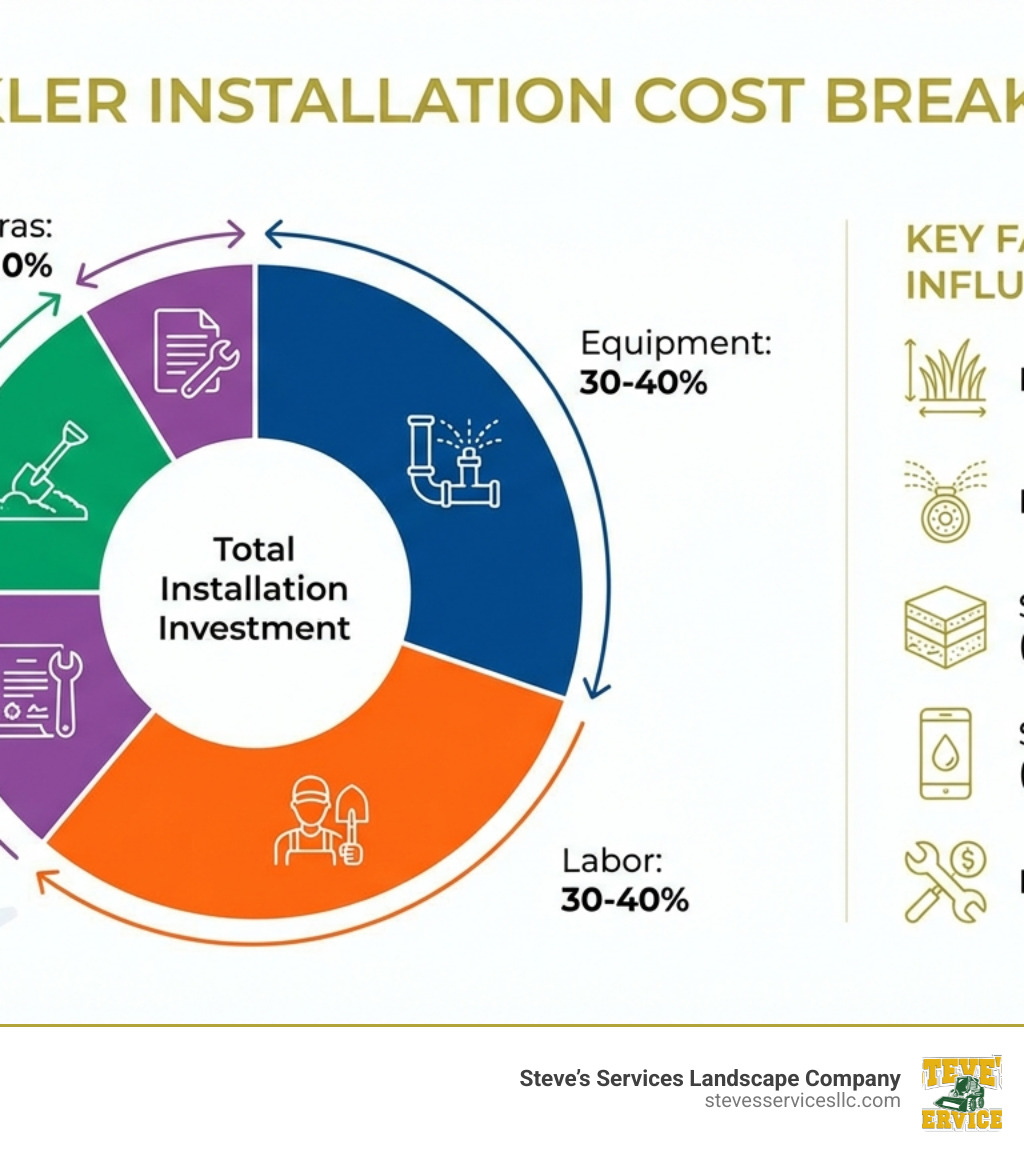 infographic showing sprinkler installation cost breakdown with pie chart of major expense categories: equipment (30-40%), labor (30-40%), trenching and site prep (15-20%), permits and extras (5-10%), plus list of key factors including lawn size, number of zones, soil type, system features, and local labor rates - Cost to install sprinklers infographic 